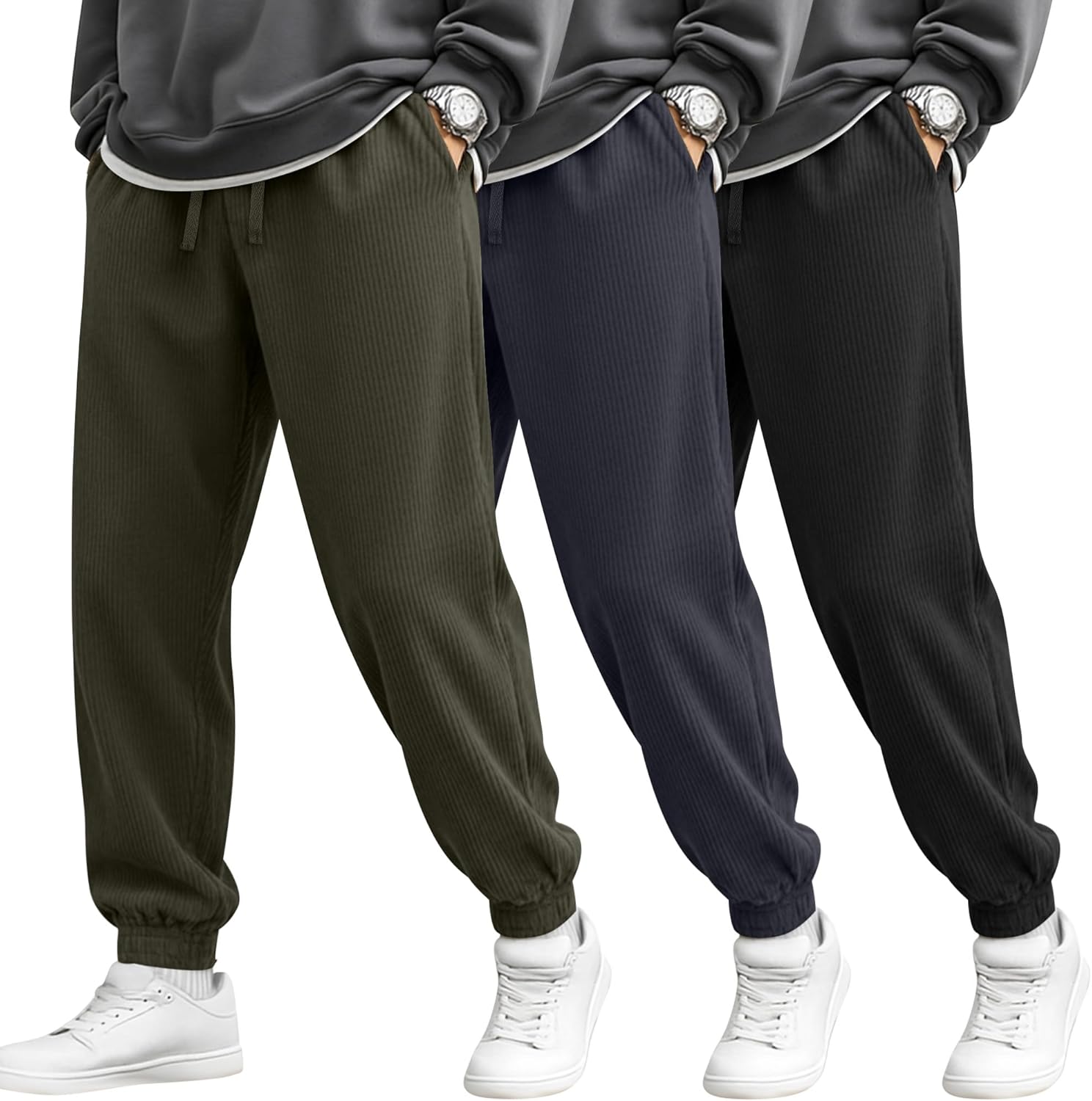 August Alley 3 Pack Men's Corduroy Joggers Pants Casual Baggy Sweatpants Drawstring Elastic Waist Tapered with Pockets