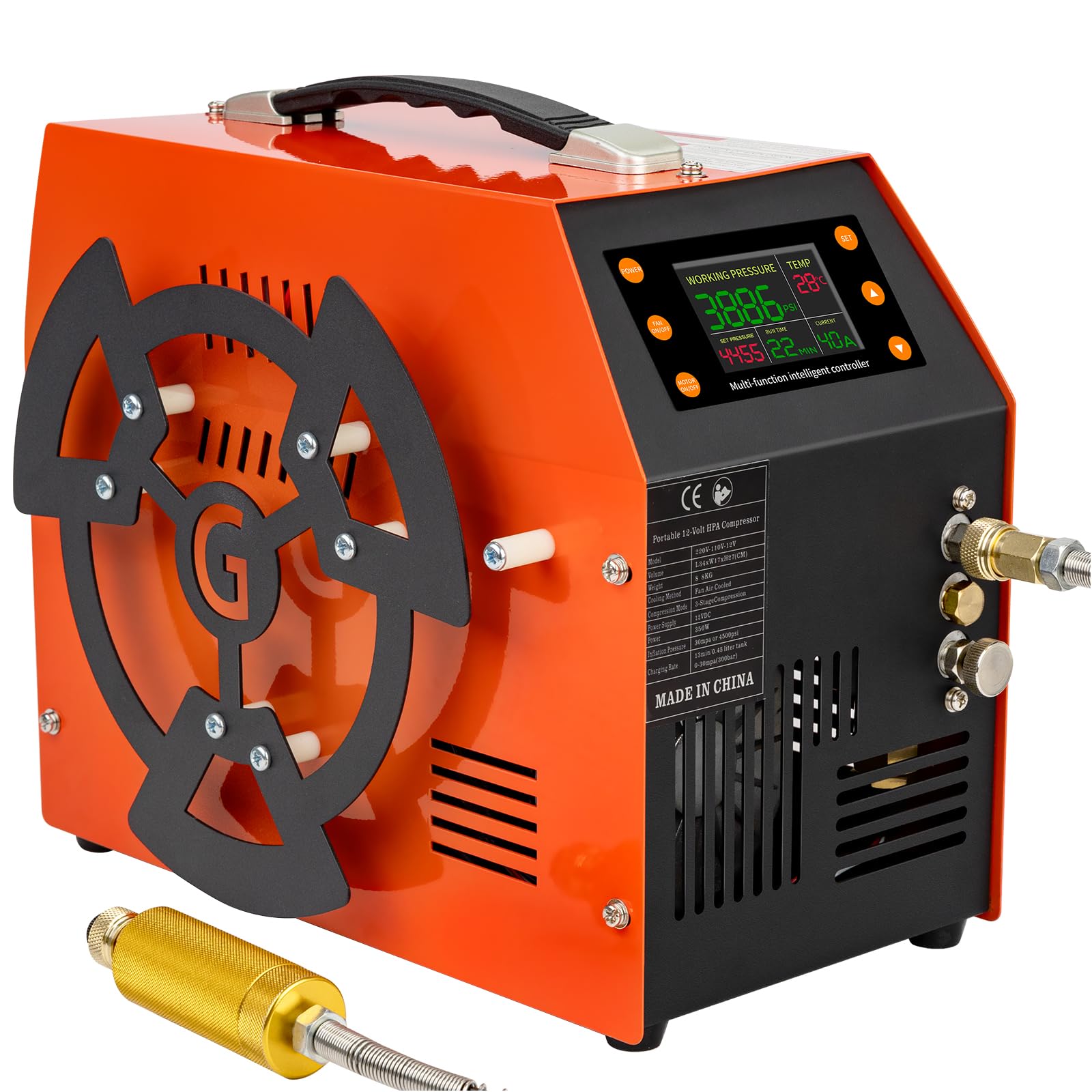 Photo 1 of PCP Air Compressor 4500 PSI / 30 MPa, 350W Motor, LCD Display, Auto Stop, Water/Oil-Free, Built-in 600W Adapter, 12V DC & 110V/220V AC Power for Paintball Tanks, Airguns & Air Rifles, Orange