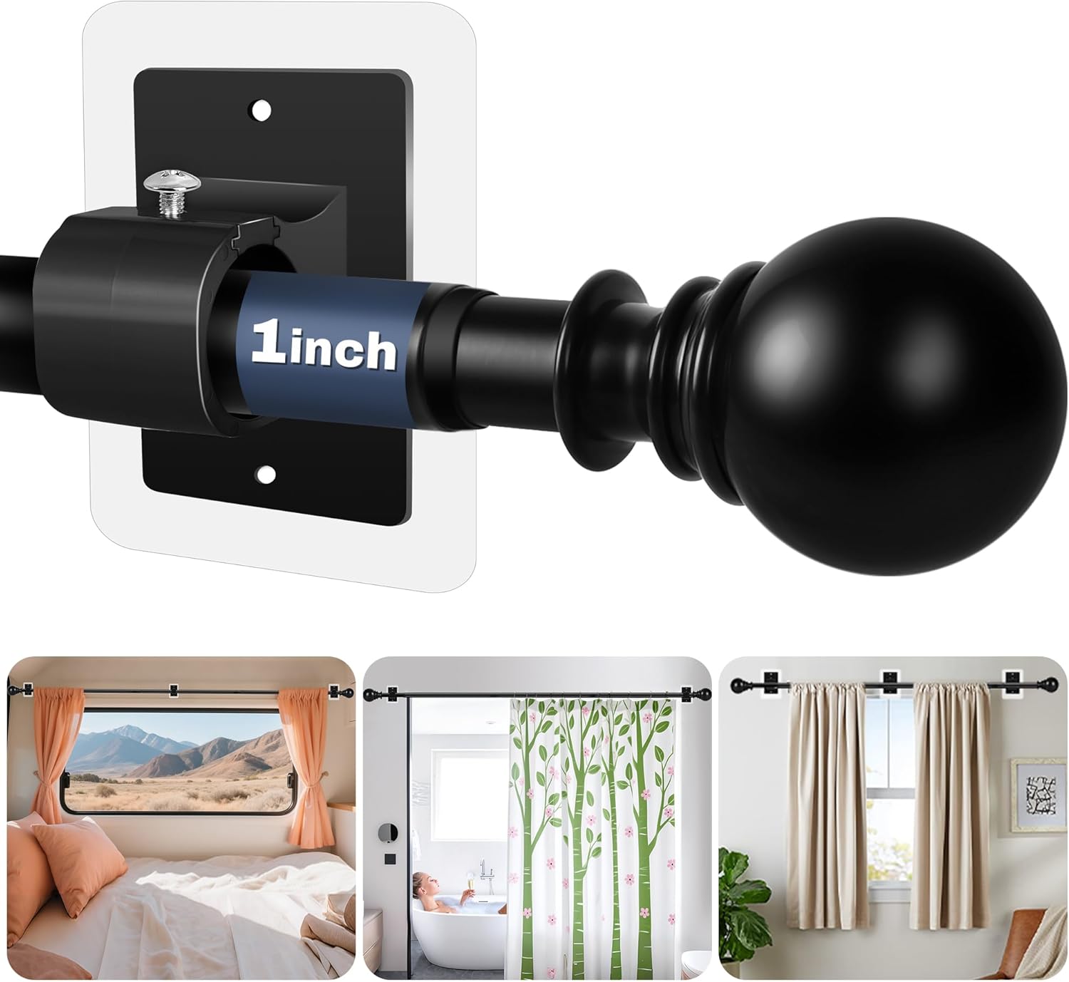 1" Diameter Adhesive Adjustable Curtain Rod No Drilling for Windows 27 to 84",Renter Friendly No Drill Drapery Rod with Stick on Bracket,Easy Install No Screw Cortinero Para Ventana with Sticky Holder