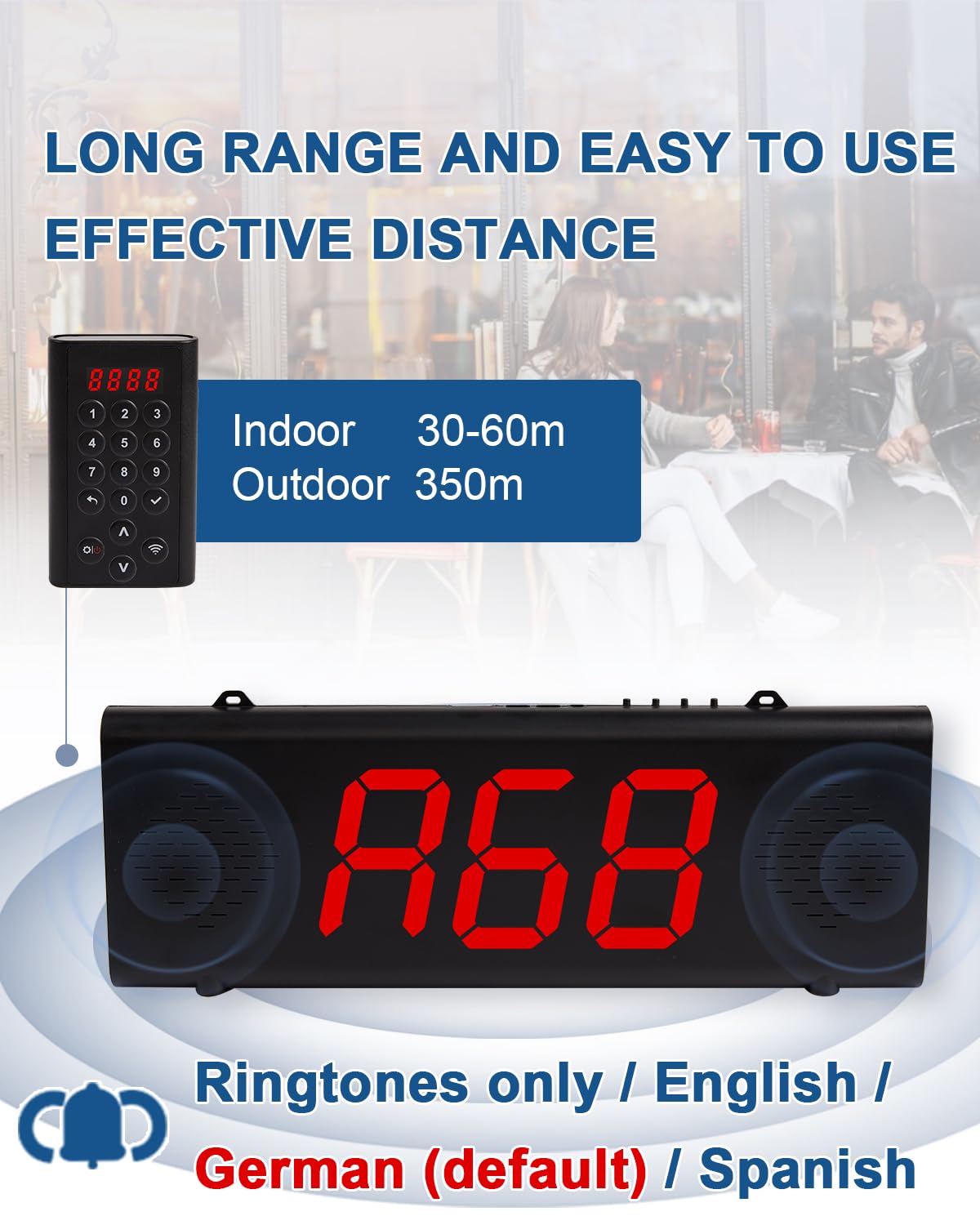 Sistema de Llamada inalámbrico, Buscapersonas Llamadas de Larga Distancia, Timbre para Negocios, Carcasa de Aleación de Aluminio (Pantalla + Teclado) - 39L49T