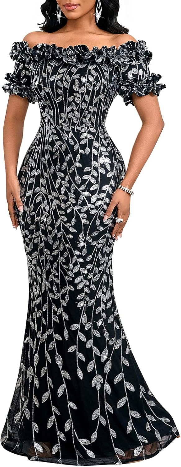 Women Sexy Sequin Off Shoulder Ruffle Short Sleeve Bodycon Mermaid Party Formal Evening Maxi Dress