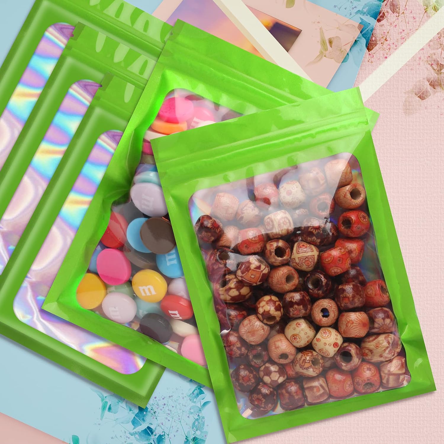 Funfery 100pcs Mylar Holographic Bags-Resealable Zipper&Clear Window (Green, 3.9 x 7.1 Inch) image 2