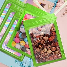 Funfery 100 pcs Green Smell Proof Mylar Holographic Bags Packaging Bags,Clear Resealable Odor Proof Bag Foil Pouch Bag for Food Storage,Lipgloss,Jewelry,Eyelash Packaging for Small Business(4x6In)