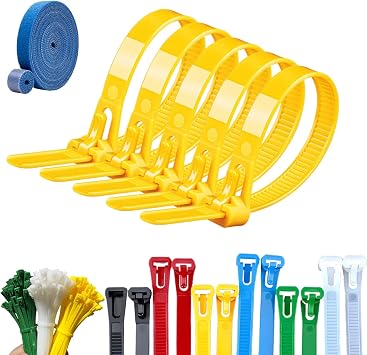 100PCS Buckle Self-Locking Premium Nylon Cable Wire Ties,Cable Ties Reusable Zip Ties,Releasable Nylon Cable Tie,Nylon Strap with Buckle,Adjustable Wire Ties for Office Home Garden Yellow, 5 * 300mm