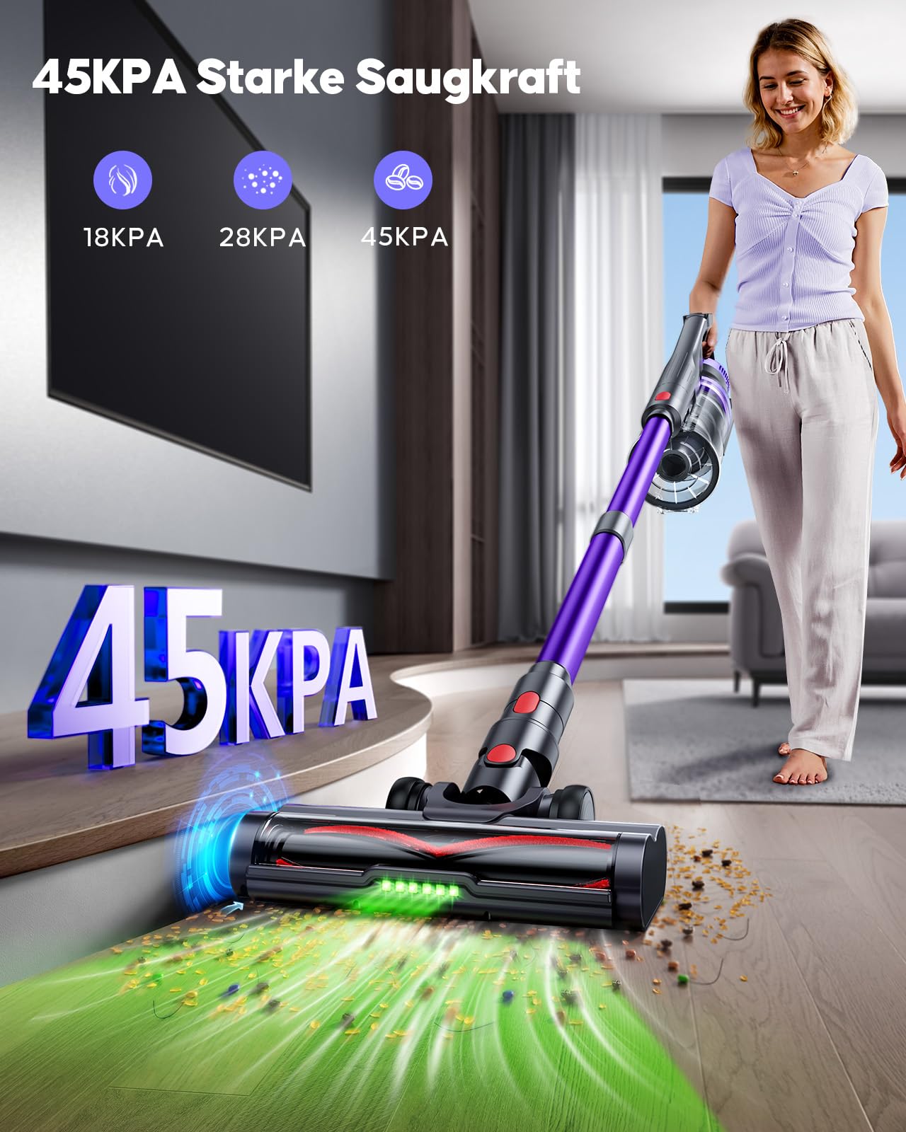 Akku Staubsauger 600W/45kPa/60Min, Staubsauger Kabellos mit Aromatherapie, HD-Display, 1,8L-Staubbehälter, Anti-Tangle-Bürste, Staubsauger grünem LED-Licht Bürste für Tierhaare Teppiche Hartböden