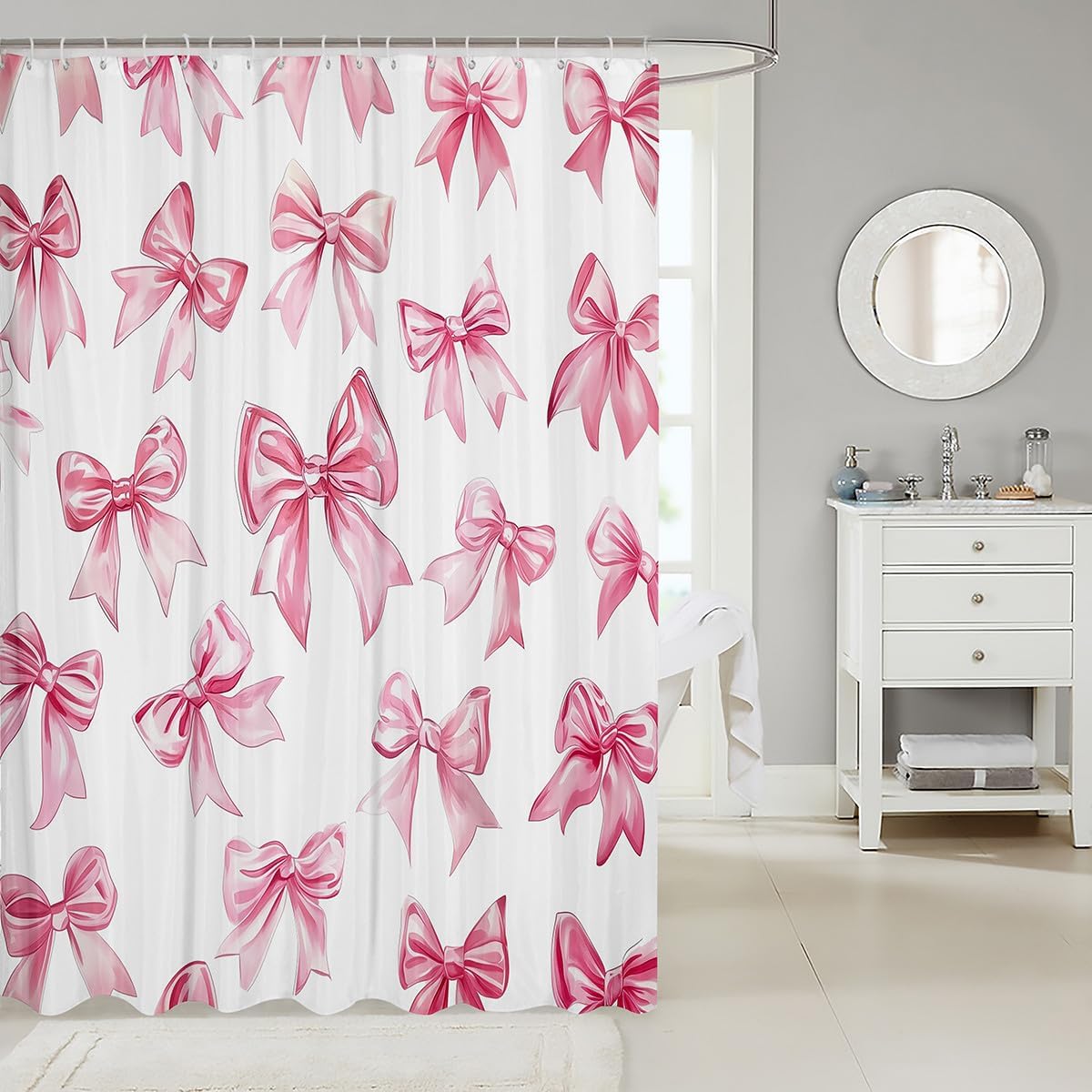 Erosebridal Kawaii Bowknot Girls Bathroom Curtains Dreamy Princess Style Shower Curtains 72" Wx84 L for Kids Teen Women,Girly Cute Bow Bath Curtain Pink Bow Tie Curtain Sets