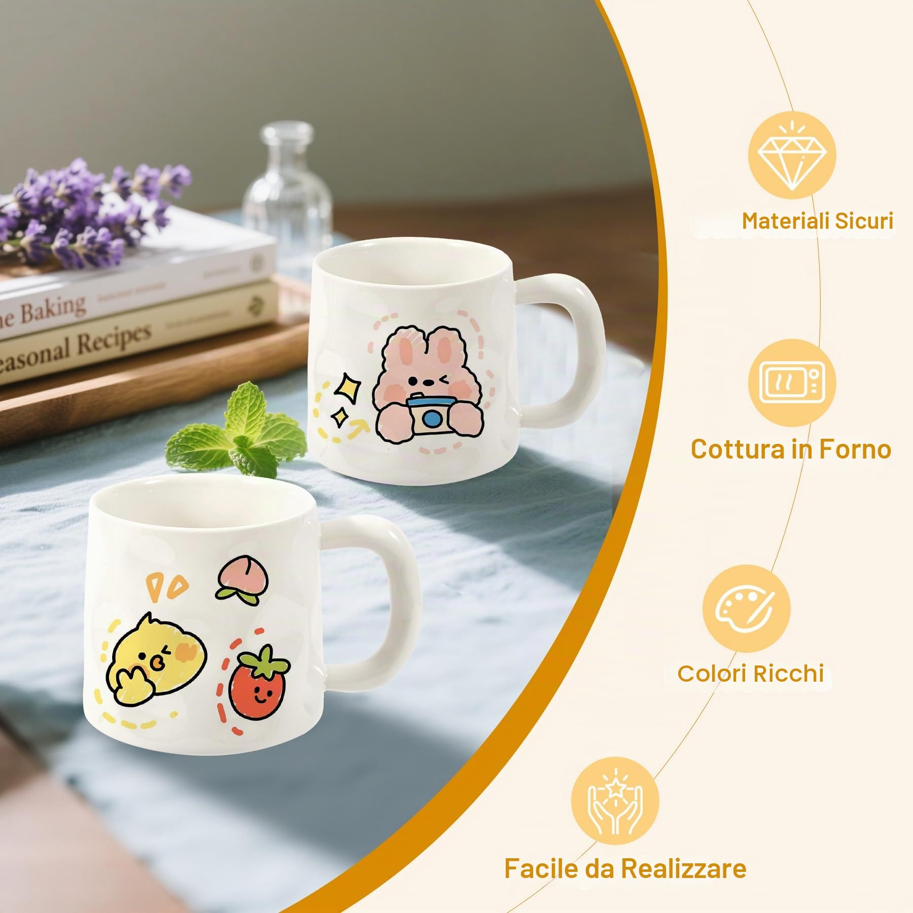 Set per Pittura Su Ceramica,Bianco Tazze Kit Ceramica Fai Da Te, Include 2 Tazze 350ML, 12 Pennarelli e 2 Cucchiai,Kit Fai Fa Te Creativo Adulti