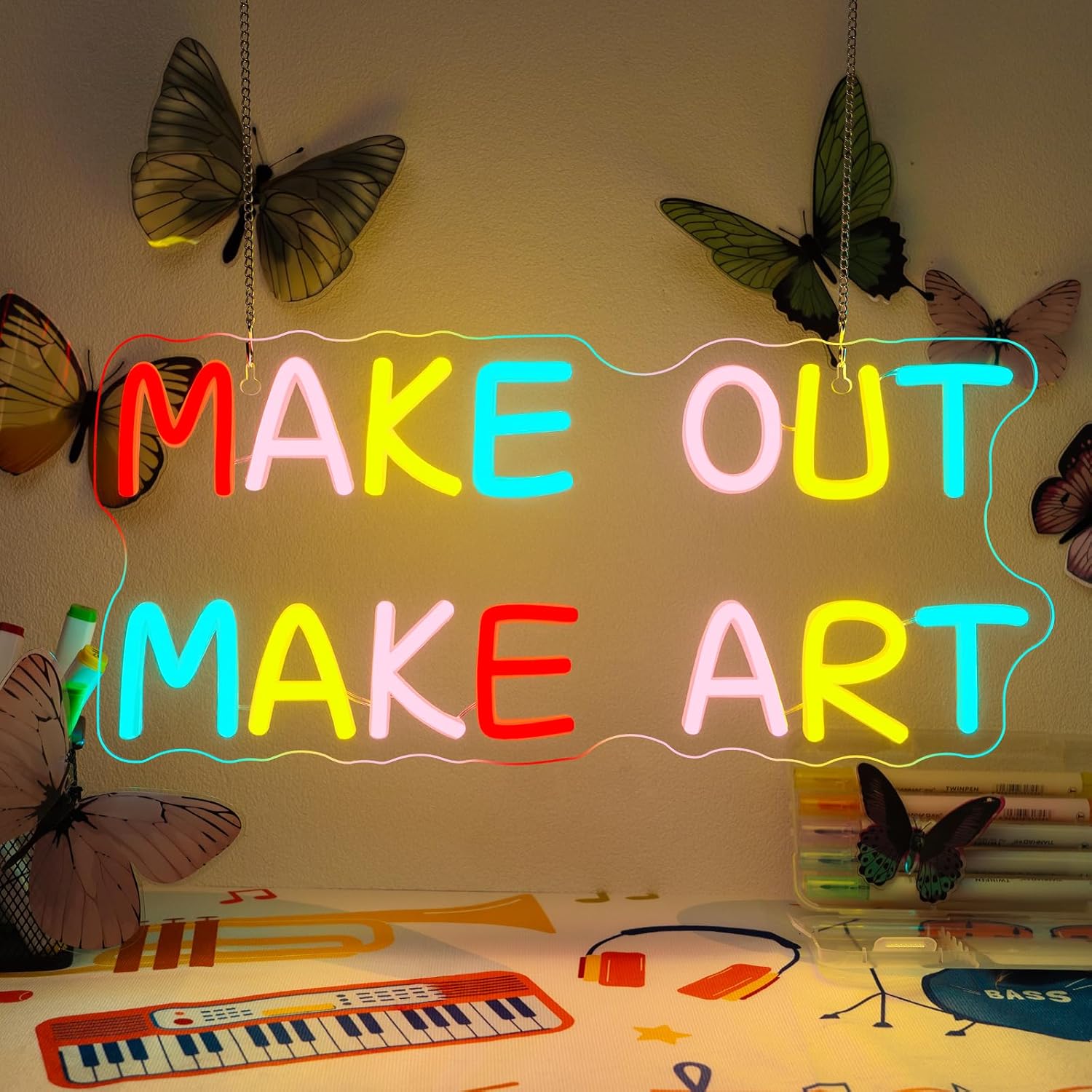 Horseneon Make Out Make Art Neon Sign Led Light Classroom Decor Light Up Sign Dimmable Classroom Lights Neon Signs for Wall Decor Led Wall Art Gifts for Artist Children
