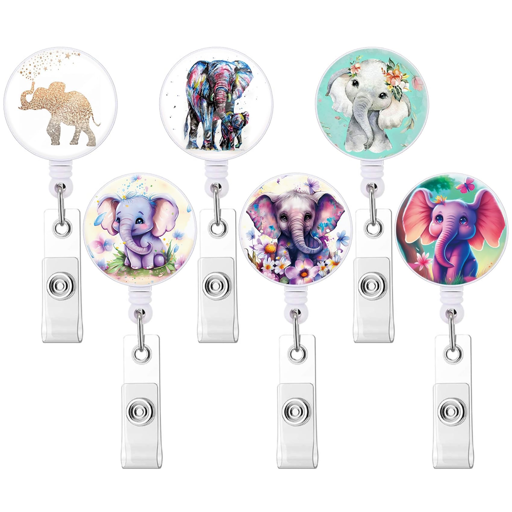 6 Pack Mixed Pattern Retractable Badge Holders, Cute Nursing Badge Reel, Badge Clip ID Card Holders (B-Cute Elephant)