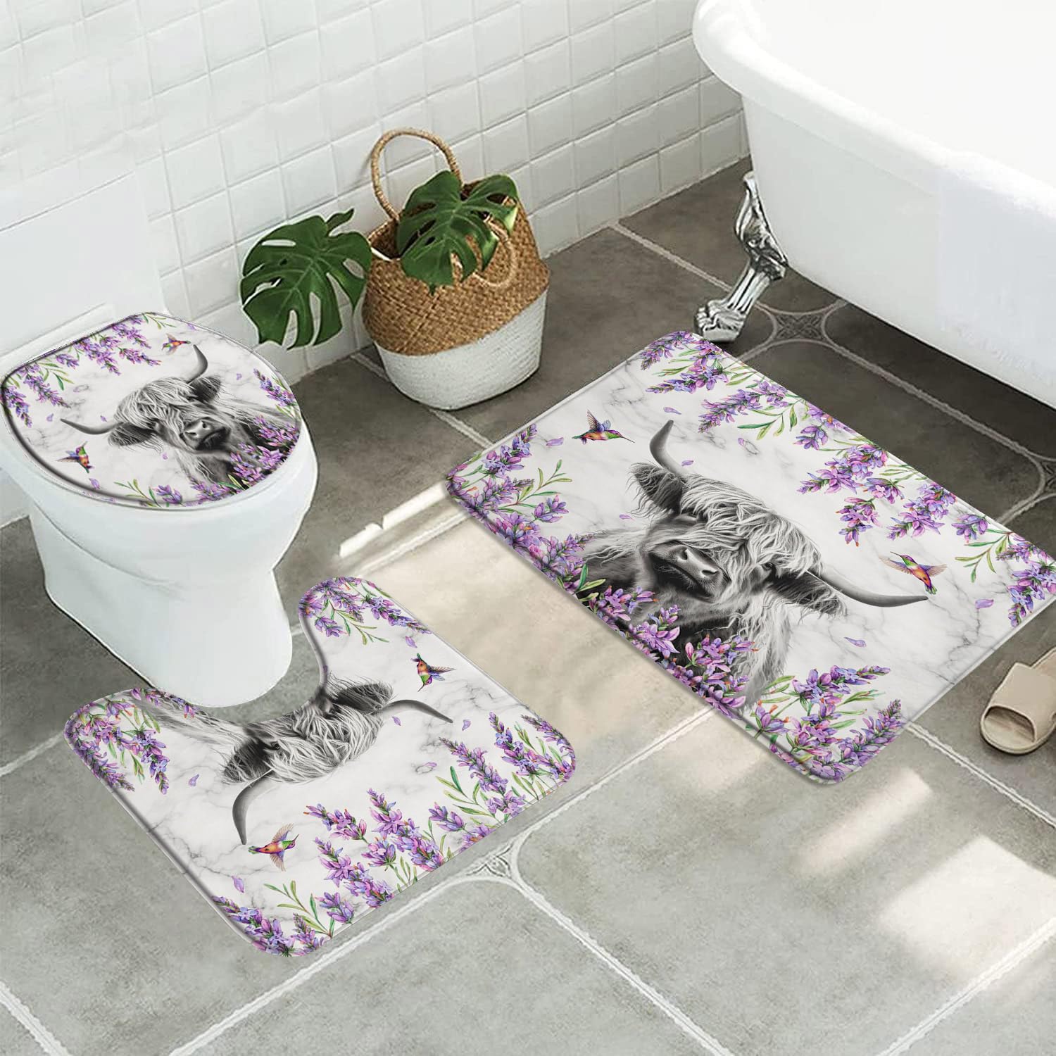 3pcs Highland Cow Bathroom Sets with Non-Slip Rug,Toilet Lid Cover and Bath Mat,Purple Lavender Flower Hummingbird Farm Grey Bull Western Wildlife Animal on Marble Bathroom Carpet Bath Mat Toilet Rugs