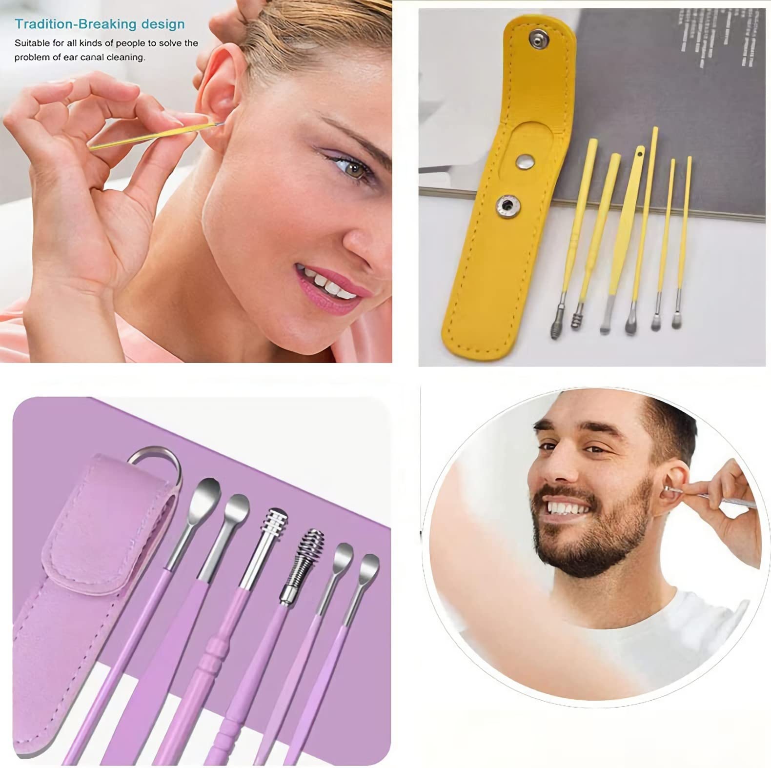Kit de eliminación de cerumen de oído, herramienta de limpieza de oídos, herramienta de eliminación de cera de oído de acero inoxidable con caja de almacenamiento de cuero (amarillo y morado)