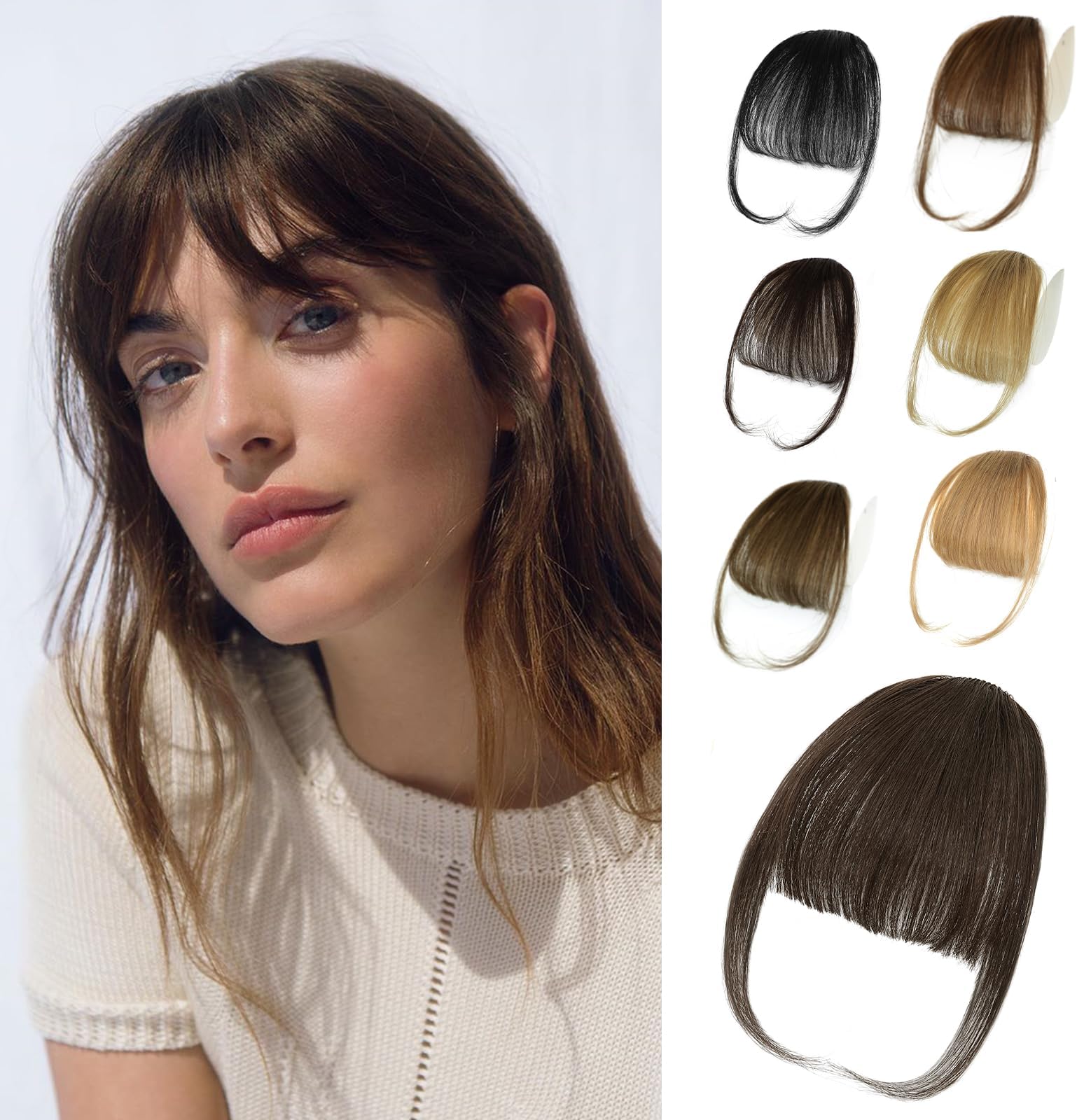 NAYOO Bangs Hair Clip- Darkest Brown Fake Bangs 100% Real Human Hair Extensions Wispy Bangs for Women Fringe with Temples Hairpieces Curved Bangs for Daily Wear (2# Darkest Brown, Wispy Bangs)