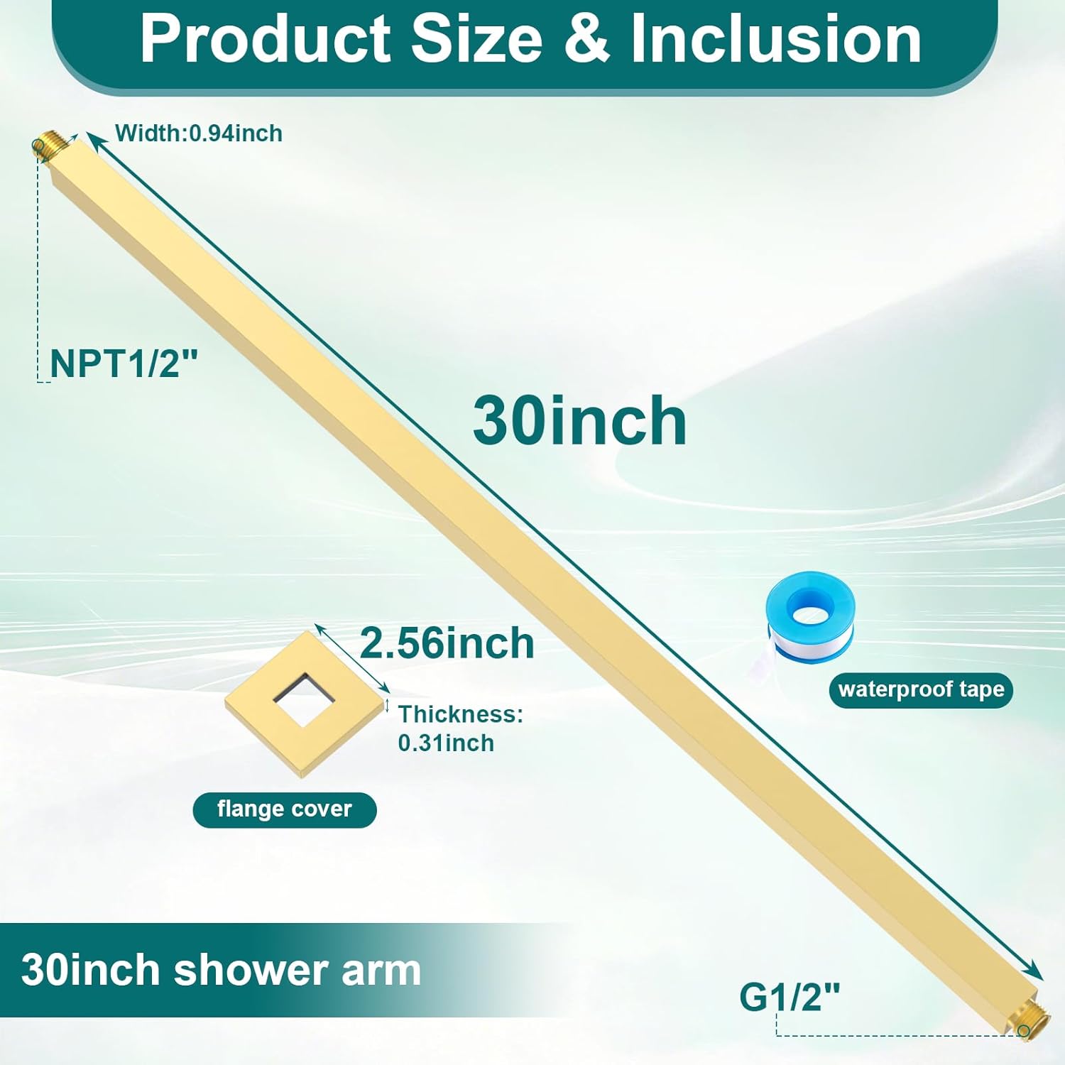 30 Inch Square Ceiling-Mount Shower Riser Pipe Brushed Gold Extension Rod for Bathroom Stainless Steel Shower Rod for Standard Rain Shower Head Anti-Rust & Corrosion Resistant