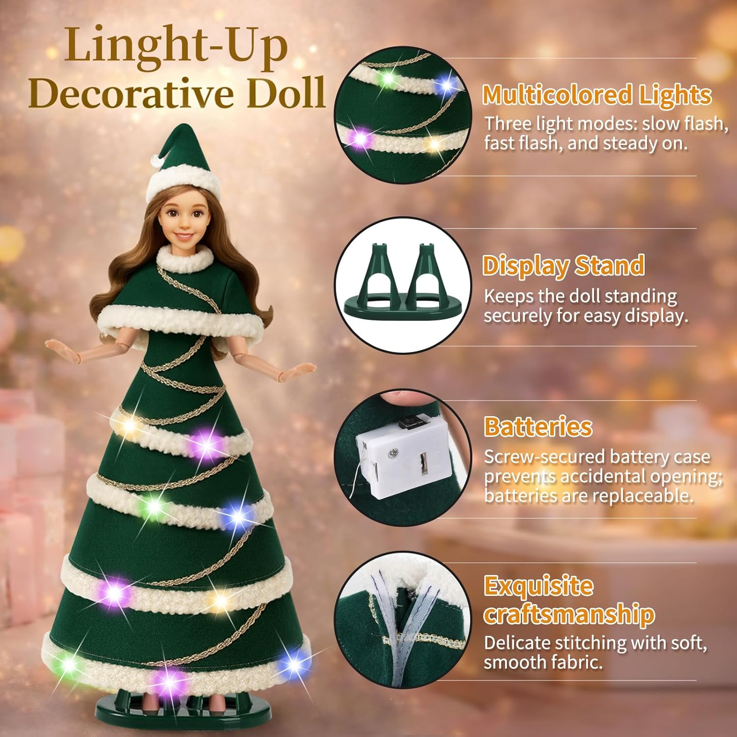 11.5-Inch Light-Up Decorative Doll with LED Dress,3 Lighting Modes (Slow Flash, Fast Flash, Steady On),Display Stand Included – A Magical Gift for Girls
