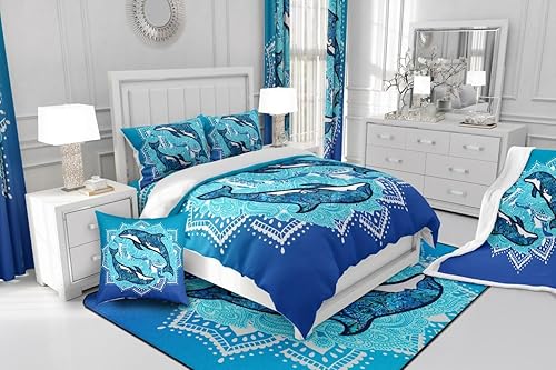 Miniatura 5 de Juego de ropa de cama de delfín, tamaño King, funda de edredón de mandala bohemio para niños, adolescentes, niños, niñas, vida marina, animales,