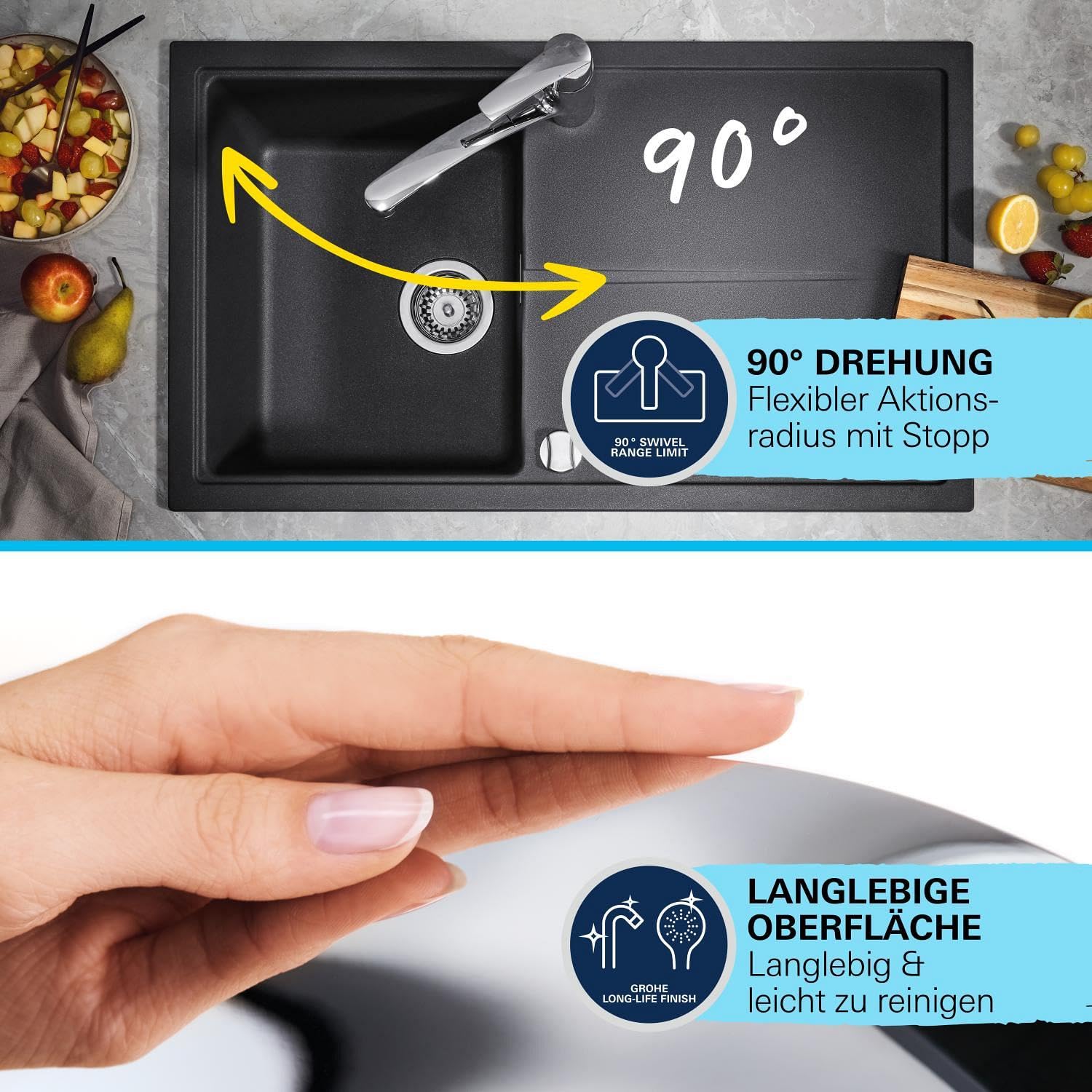 GROHE Start, Küchenarmatur 2 Strahlarten (Wasserhahn Küche mit ausziehbarer Brause, 90° schwenkbar, wassersparend dank variabler Mengenbegrenzung, werkzeugfreie Spülbecken-Montage), chrom, 30531001