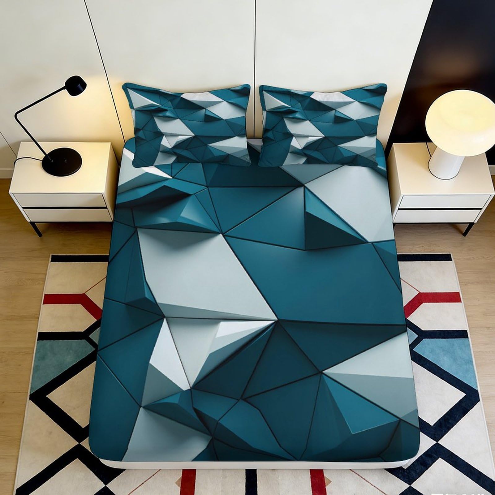 3D Printed Geometric Abstract Fitted Sheet Microfiber Teal Blue Mattress Cover for Bedroom Dorm Decoration Protection 90x200x25cm