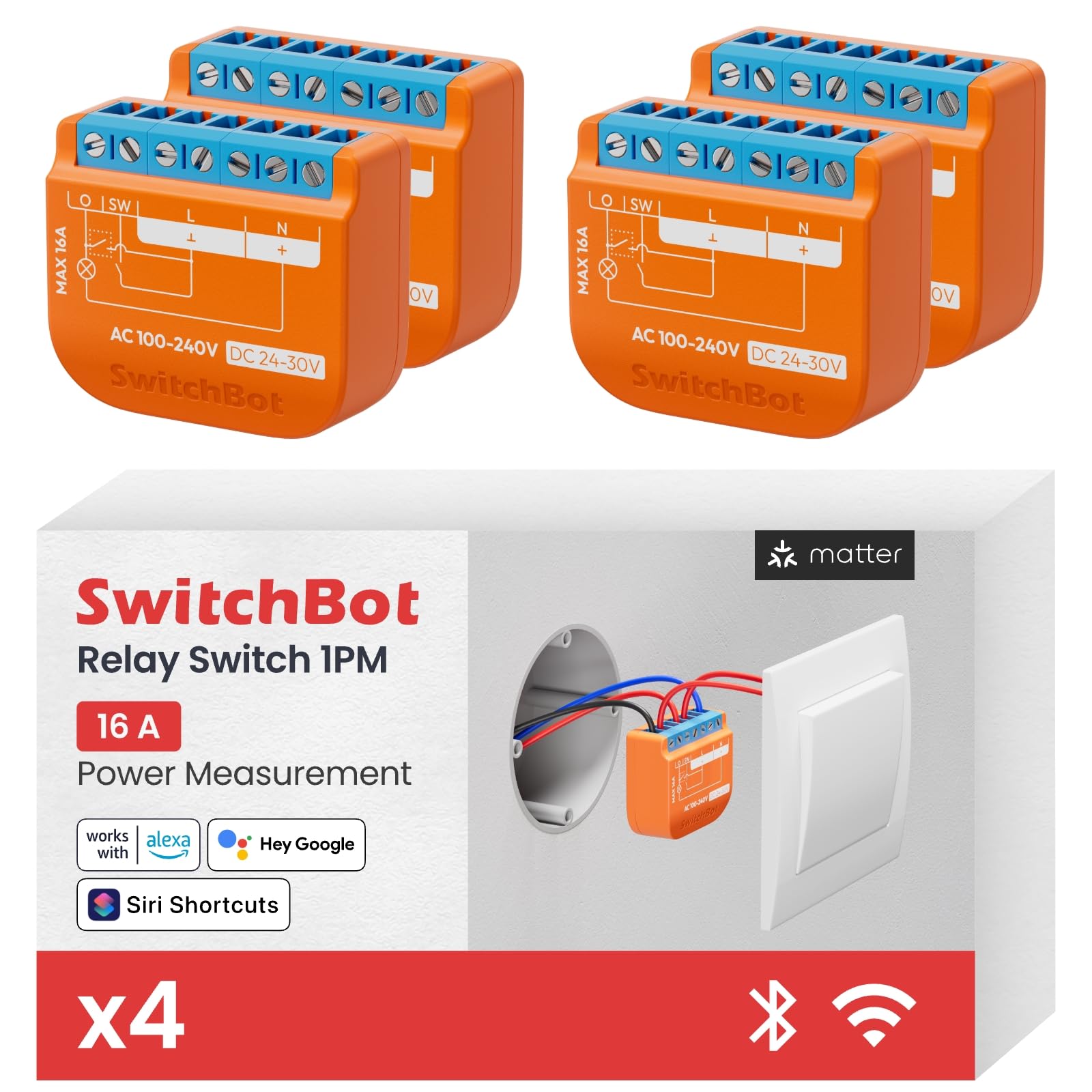 SwitchBot Smart Relay Switch 1PM, Power Monitoring Smart Relay Module with Built-in Bluetooth Repeater, Wi-Fi&Bluetooth Switch Works with Alexa/Apple Home/Google Home/Matter Hub Required, 2.4GHz,16A