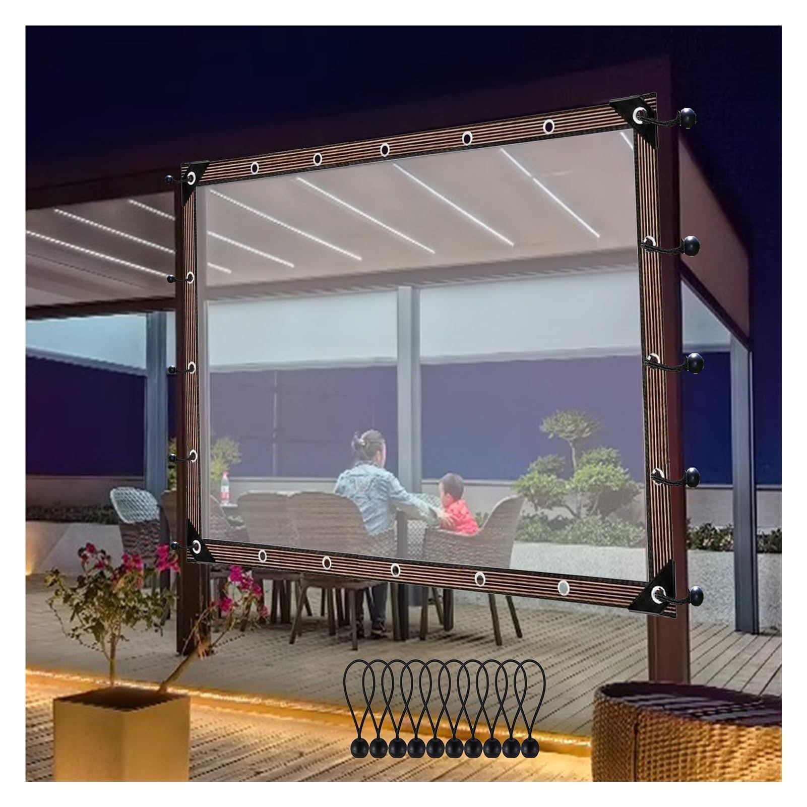 Lona transparente impermeable contra lluvia y viento en cenador de jardín