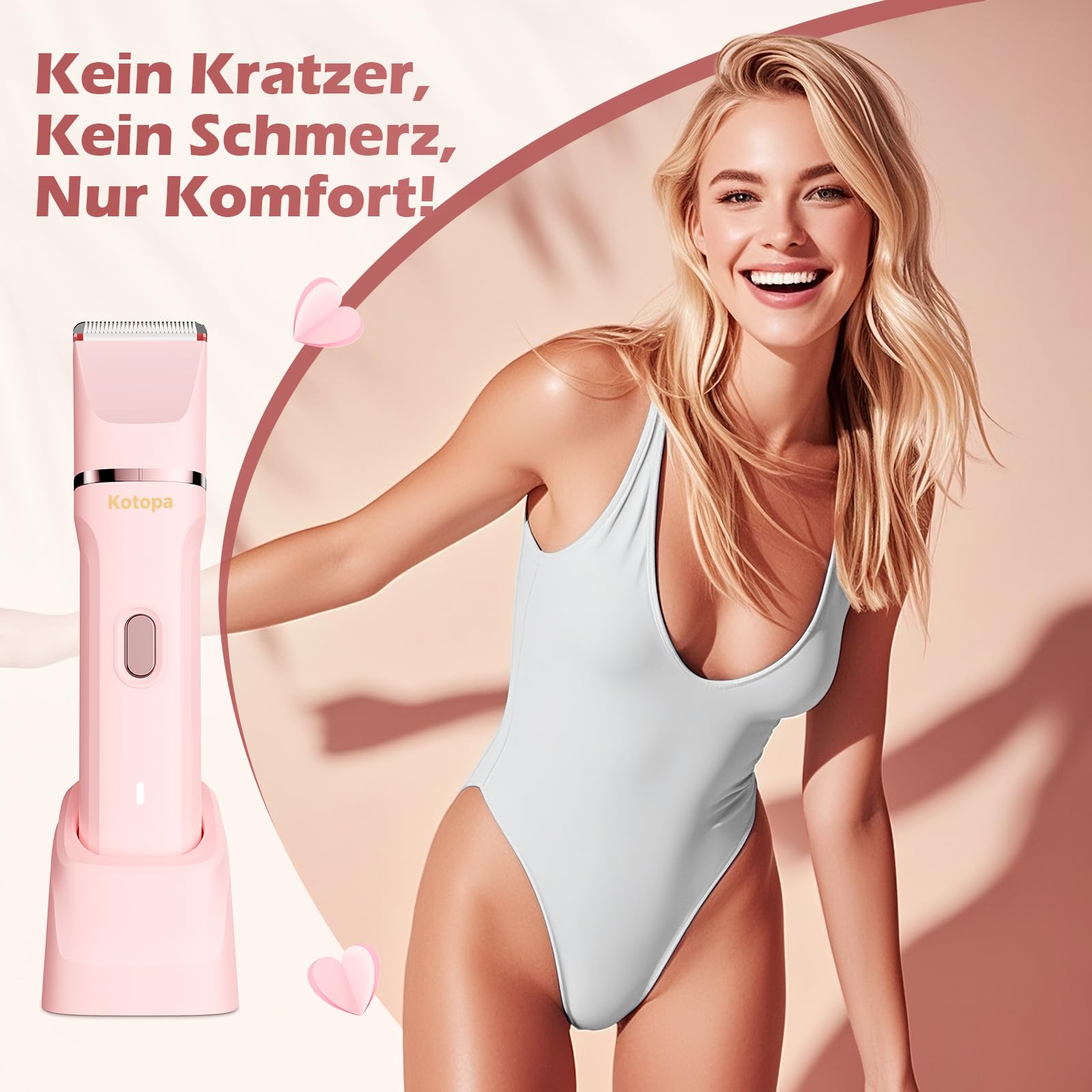 Intimrasierer für Frauen, Elektrischer Rasierer Damen mit 3 Aufsätzen, kabelloser und wiederaufladbarer Trimmer Damen für Intimbereich, Gesicht und Beine, Hautschonend & sanft(Rosa)