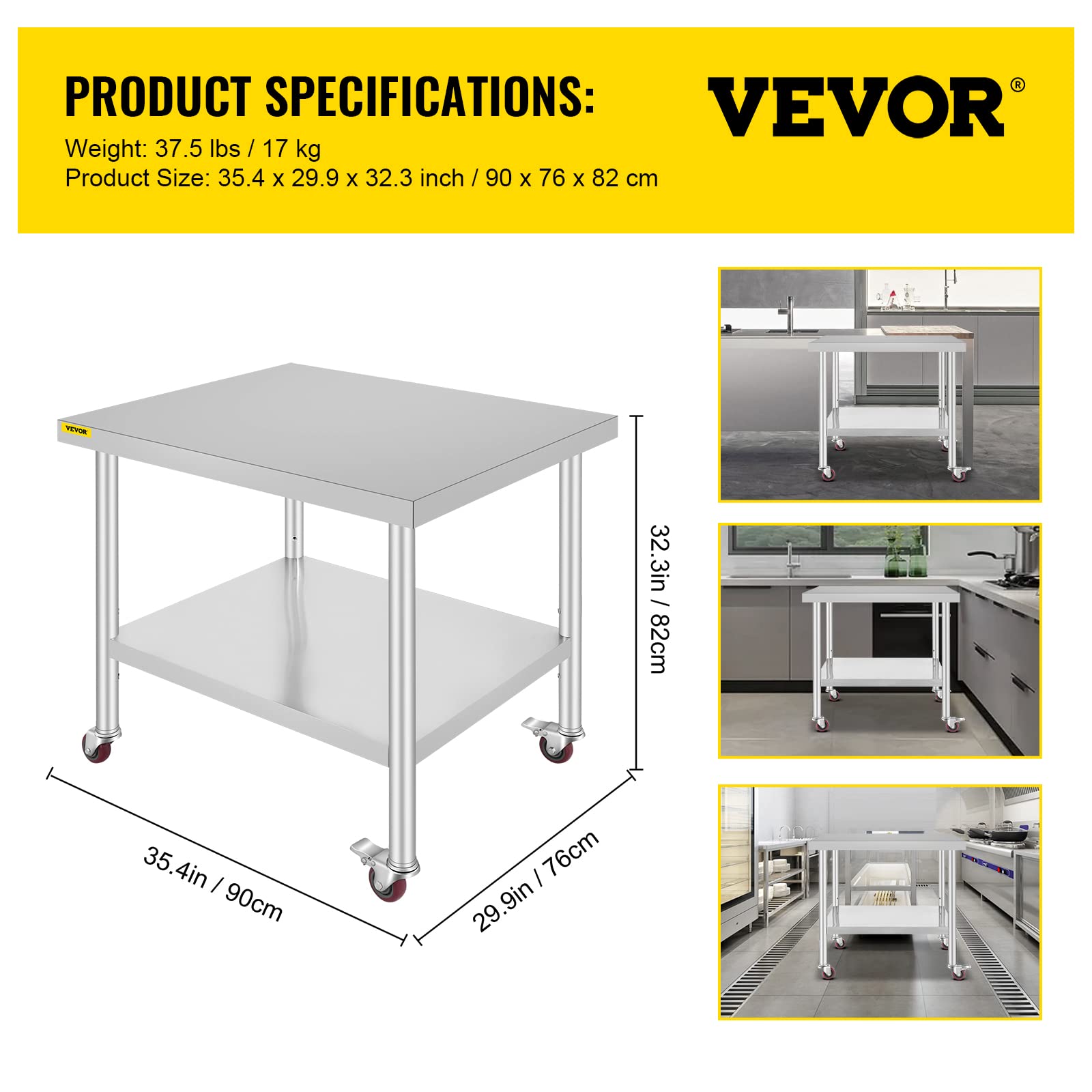 VEVOR Mesa de Preparación de Comida Acero Inoxidable 91,5x76,2x86,4cm Tabla de Cocina Profesional Capacidad de Carga 100 kg Tabla de Trabajo de Cocina Catering Ajustable para Restaurante Escuela