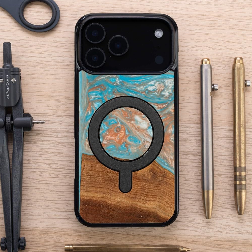 Handgefertigte Holz Schutzhülle für iPhone 17 mit MagSafe, Bocote Holz Natur mit Epoxidharz, Stoßfest und rutschfest, Matt Poliert