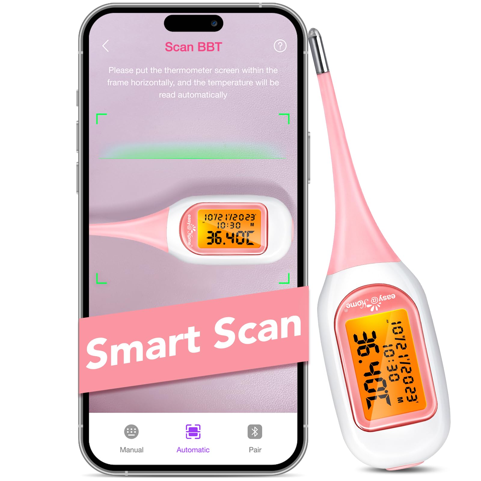 Easy@Home Basal Thermometer for Ovulation, BBT with Backlit LED Screen & Premom APP (iOS&Android) - Digital Basal Thermometer for Fertility Monitor, Trying to Conceive, Auto Sync (Pink)