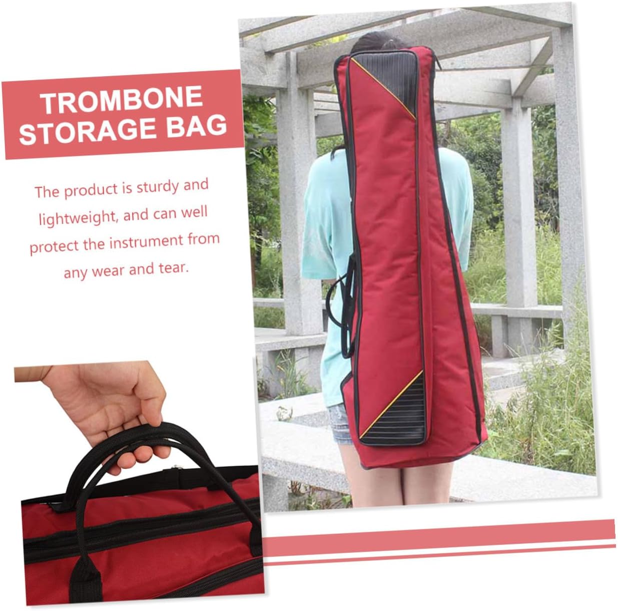 Vaguelly Waterproof Thickened Oxford Cloth Trombone Carrying Case Bag for Tenor Trombone with Portable Storage and Red Color Suitable for Travel and Instrument Protection