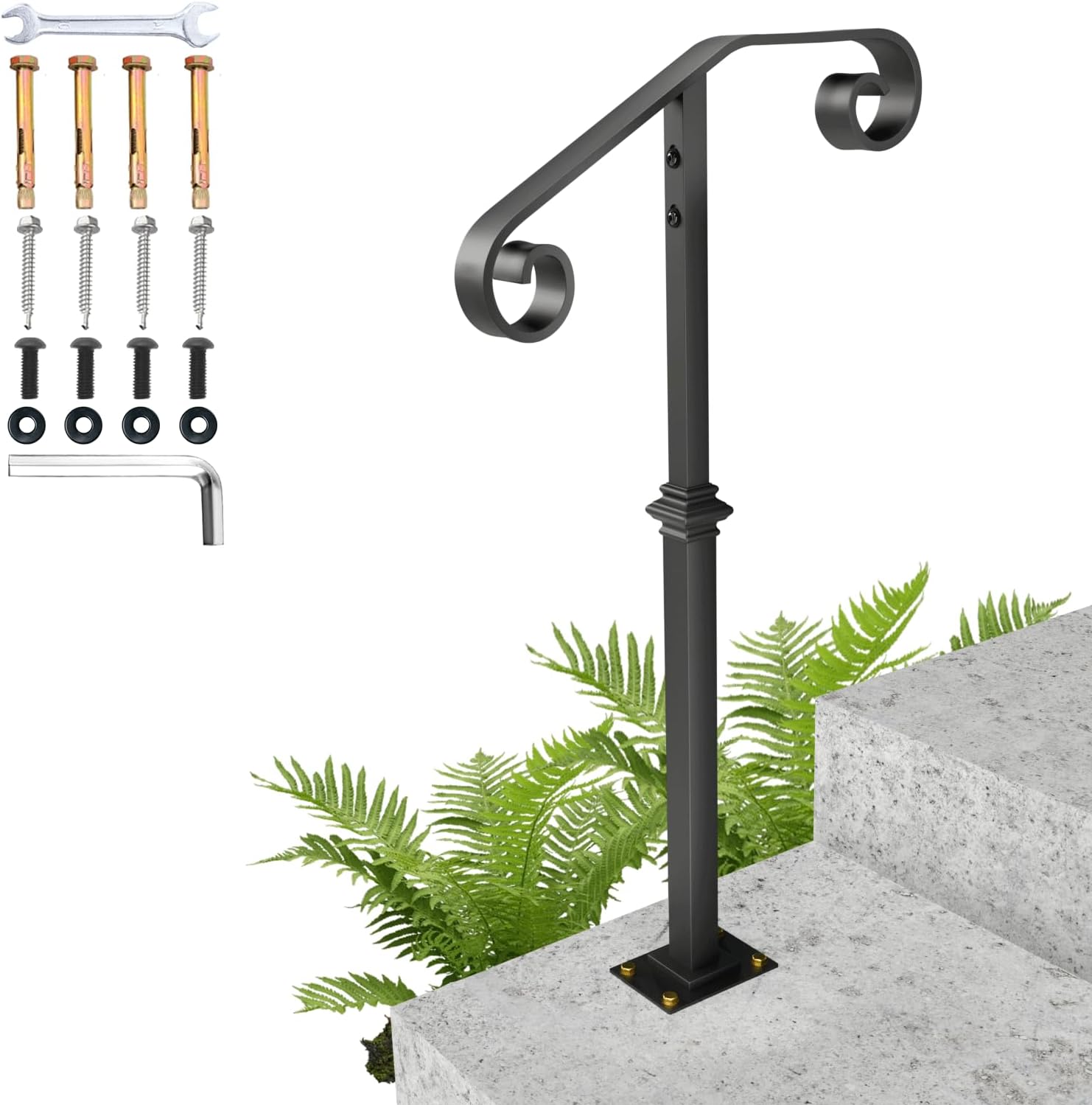 Handrails for Outdoor Steps, 1-2 Step Single Post Handrail, 38" H Rustproof Wrought Iron Stair Railing with Assembly Tool Kit for Concrete Steps, Wood Steps, Black