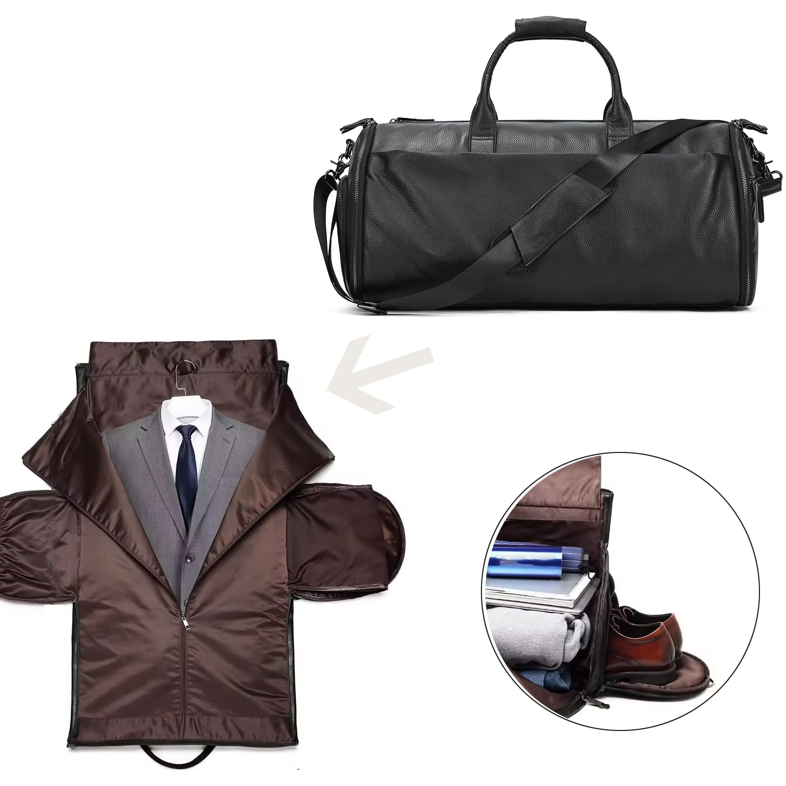 LUUFAN Echtes Leder Garment Bag Großes Fassungsvermögen Reisetasche Business Suit Carrier Bag mit Schuhfach, Männer Frauen Duffel Taschen für Overnight Gym Sports Weekend, Schwarz