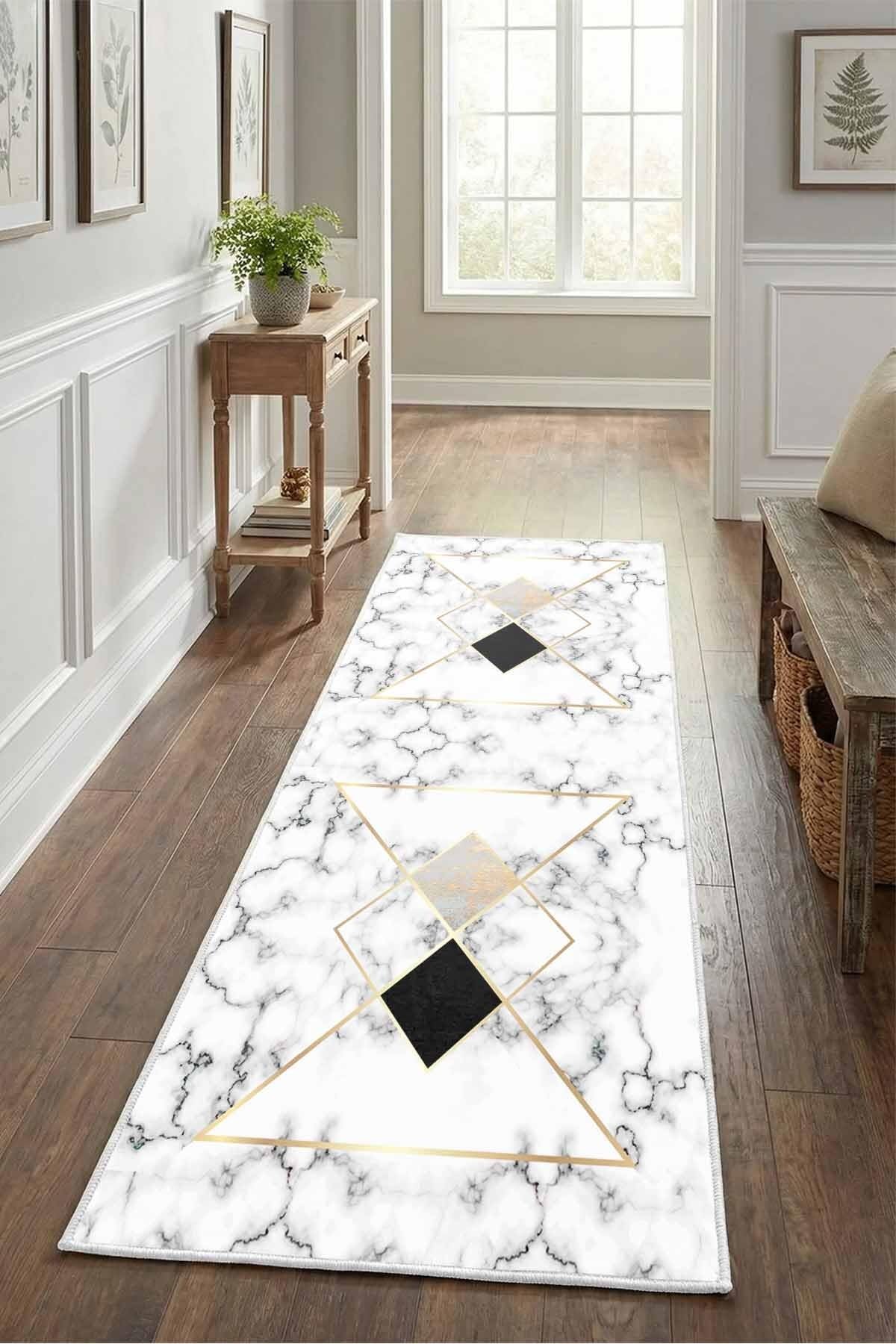 Monnhein Beyaz Gold Yolluk Asena - Yıkanabilir, Kaymaz Taban, Dijital Baskılı, Leke Tutmaz, İnce Hav, Modern Koridor, Mutfak, Antre ve Salon için Dekoratif Yolluk