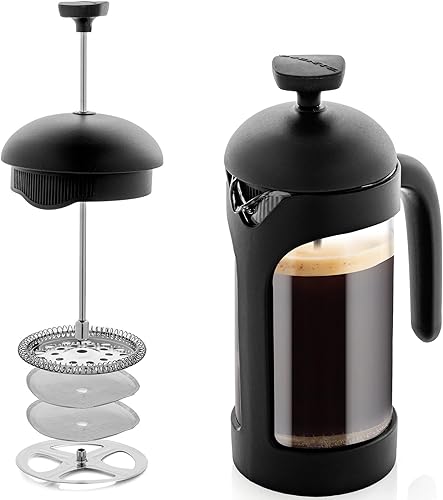 OVENTE Cafetera de prensa francesa de 12 onzas con vidrio de borosilicato resistente al calor y sistema de filtración de acero inoxidable de 4