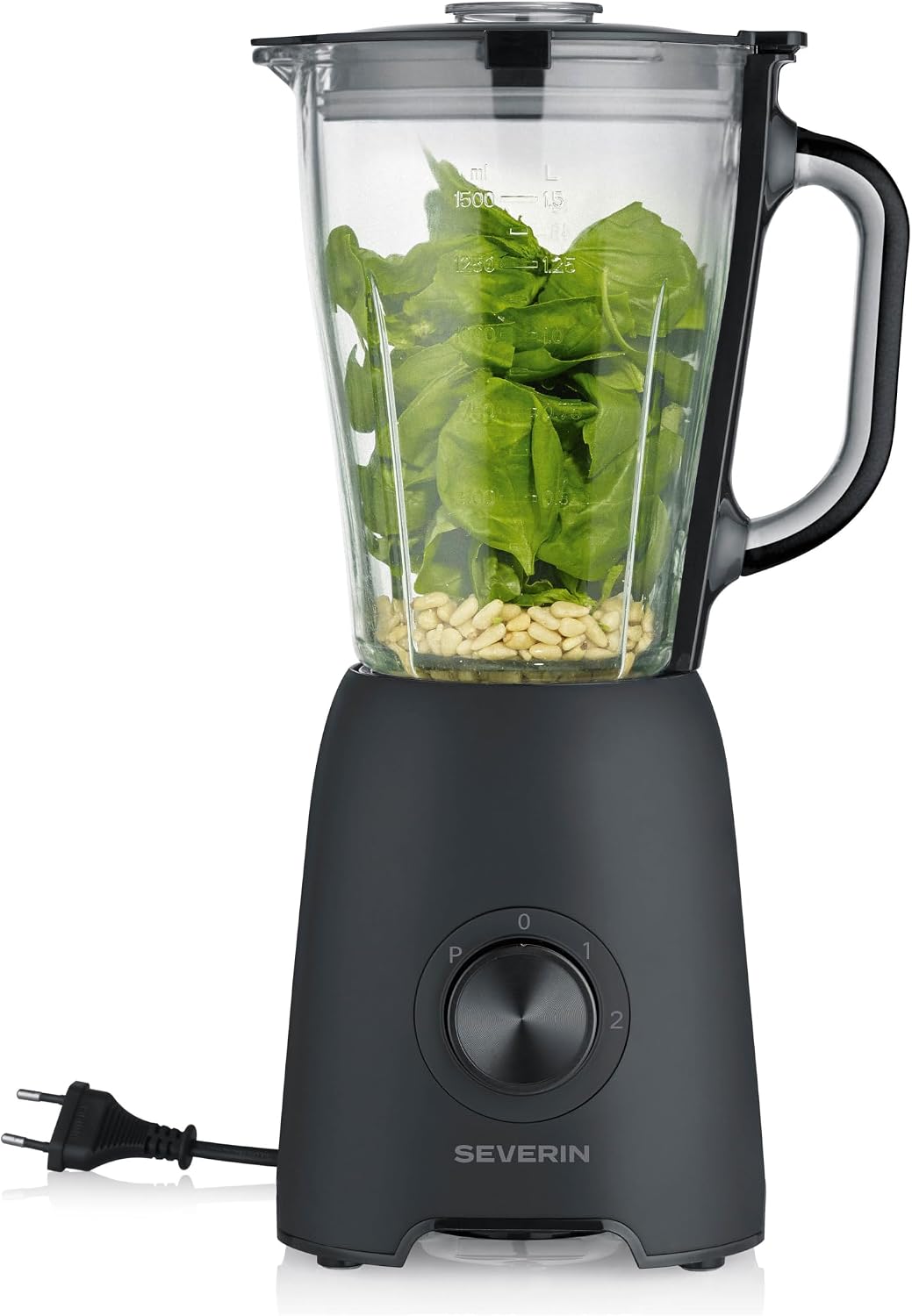 Severin Batidora de Vaso, 1,5 L, 2 niveles, función de pulso, piezas aptas para lavavajillas, potente batidora de cocina con cuchilla de acero inoxidable, 600W, negro, SM 3722