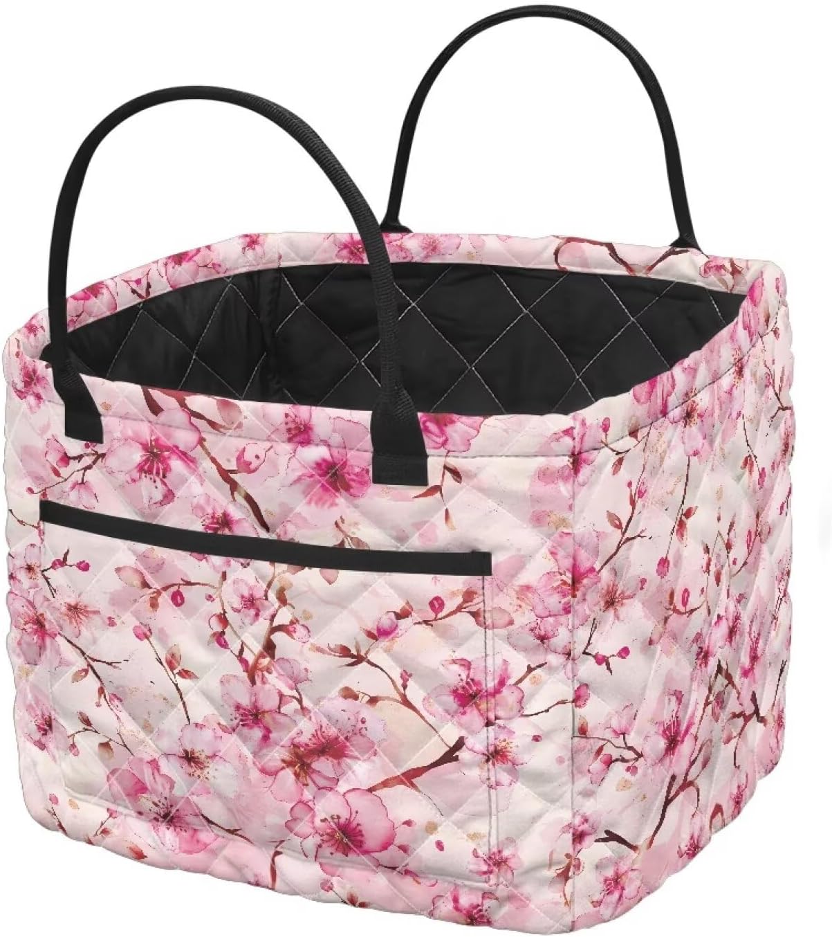 Cherry Blossoms Quilted Fabric Storage Basket with Handles Collapsible Laundry Hamper Car Storage Basket Toy Organization for Nursery Bedroom Living Room