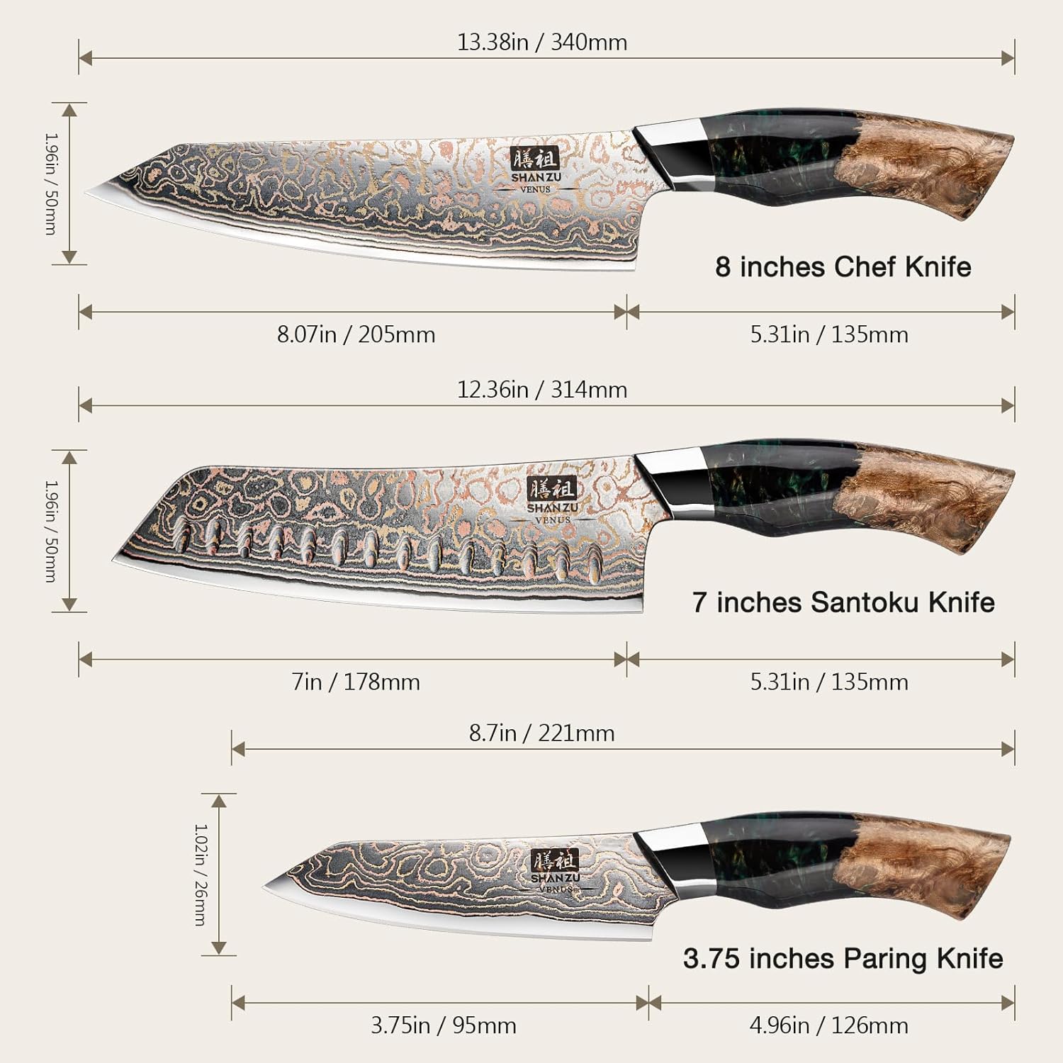SHAN ZU Damascus Knife Set, Copper & Damascus Steel Japanese Kitchen Knives, High Carbon 33 Layer Hand Forged Utility Knife Professional Sharp Kitchen Knife with Maple Wood Handle - Image 2
