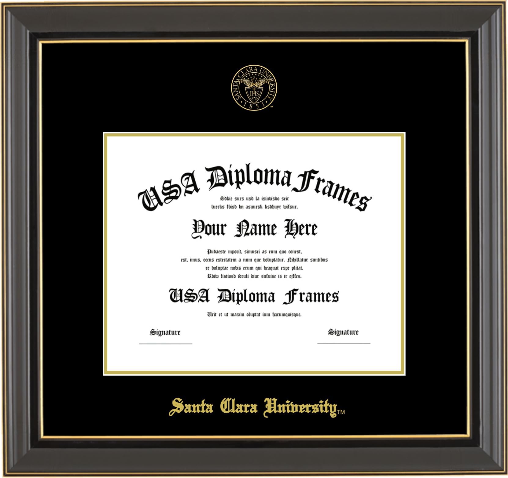 Santa Clara University Diploma Frame 8" x10" Black Gold Trim Glossy with Black and Gold Matting