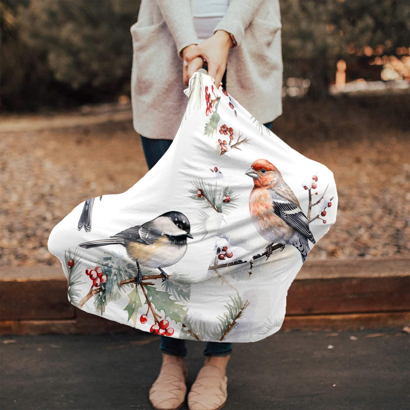 Nursing Cover for Breastfeeding Scarf, Christmas Bird Red Berries Pine Needles Branch Green Baby Car Covers Super Soft Multi Use for Canopy Shopping Cart Cover Blanket Stroller Cover