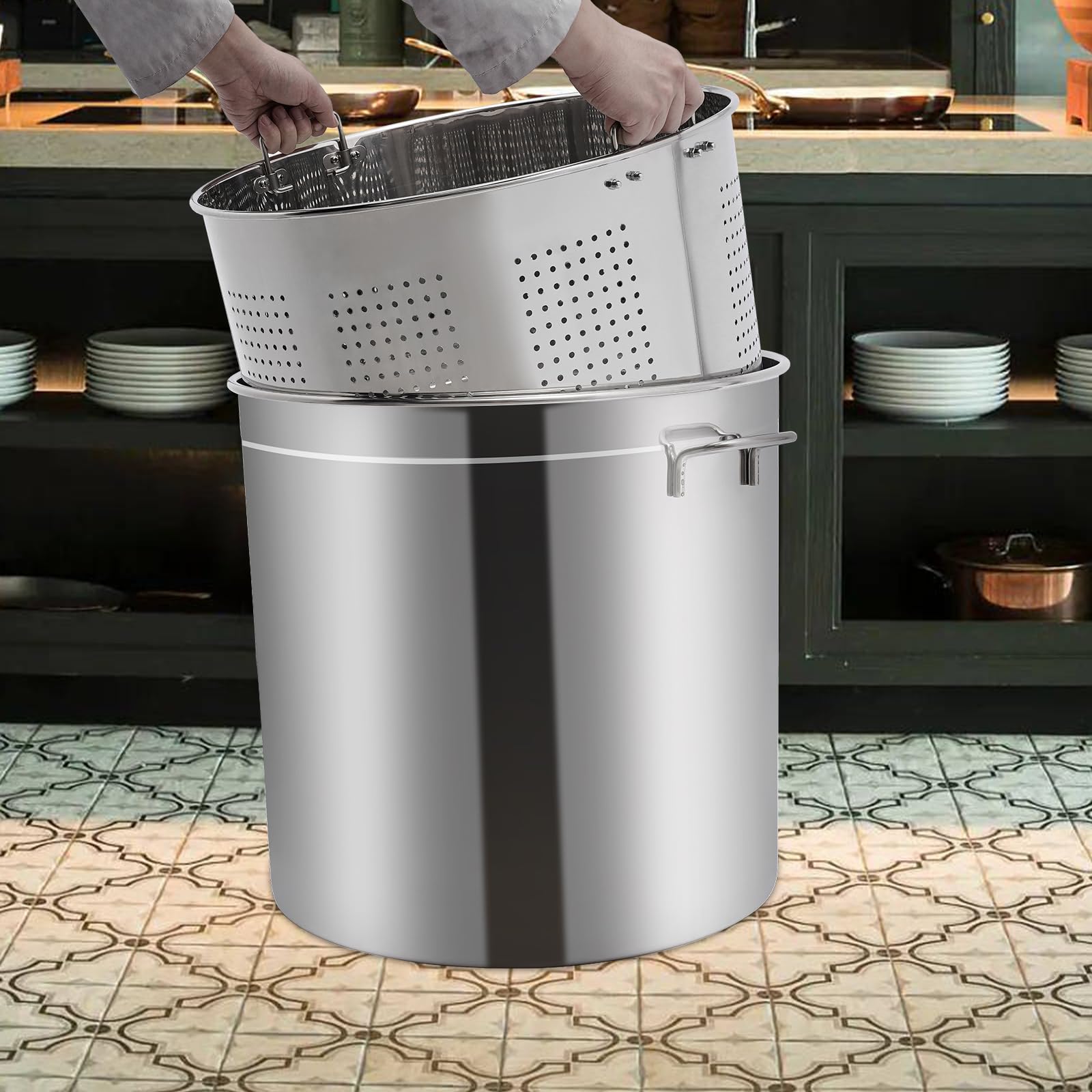 Pentola da 100 litri con coperchio e cestello, in acciaio inossidabile spesso con cestello, grande capacità, per feste familiari e commerciali