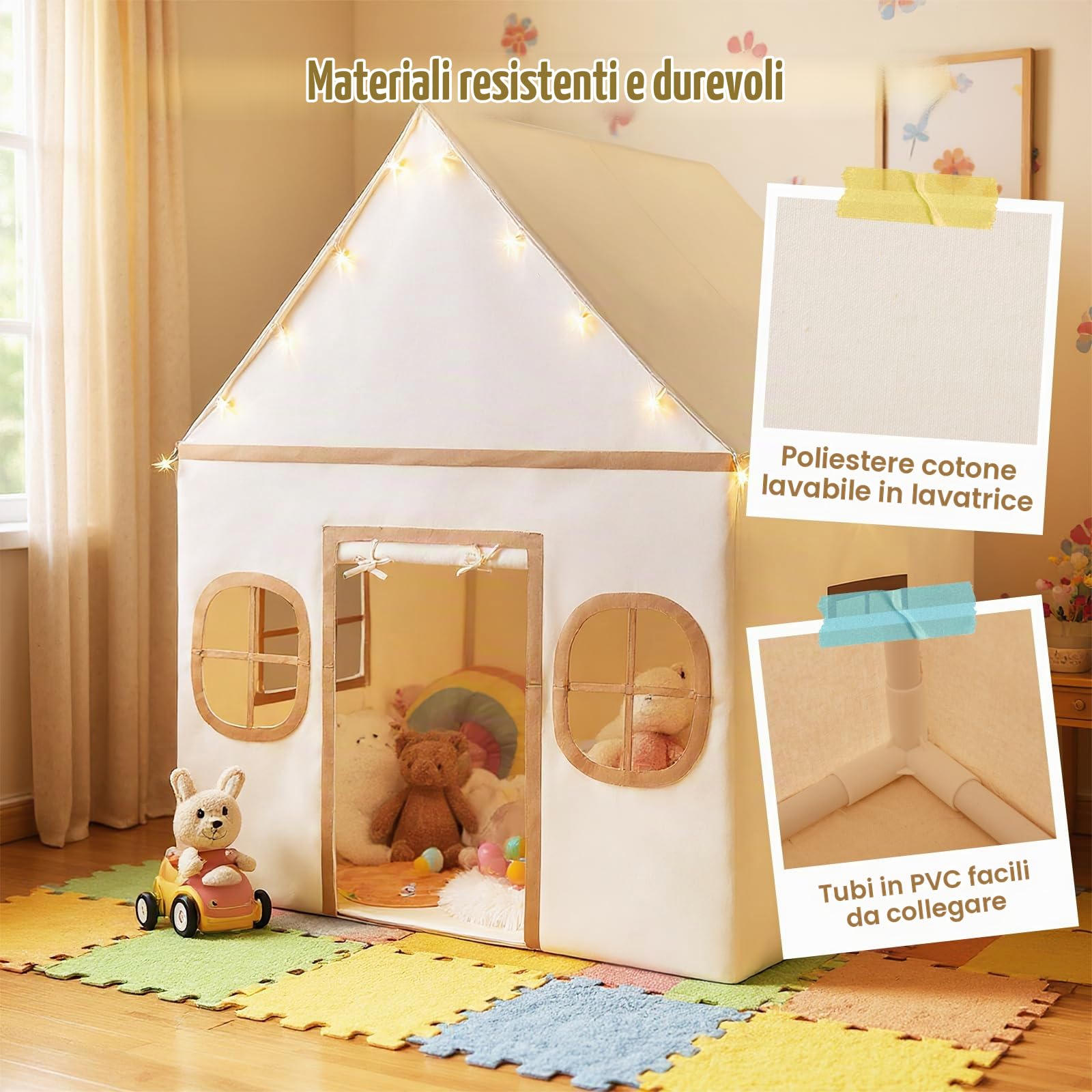 HOMASIS Tenda per Bambini da Interno, Casetta da Gioco per Bambini con Luci Stellate e Tappetino Imbottito e 4 Finestre, Tenda Principessa per Ragazzi e Ragazze dai 3+ Anni (Marrone)