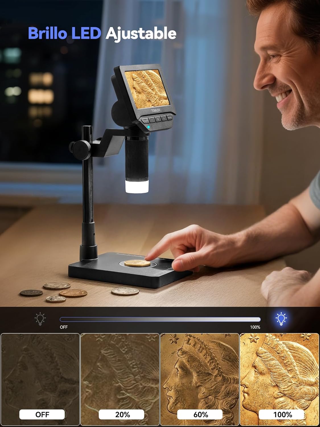 Person adjusting the LED brightness on the TOMLOV DM4W microscope, showing different illumination levels on a coin