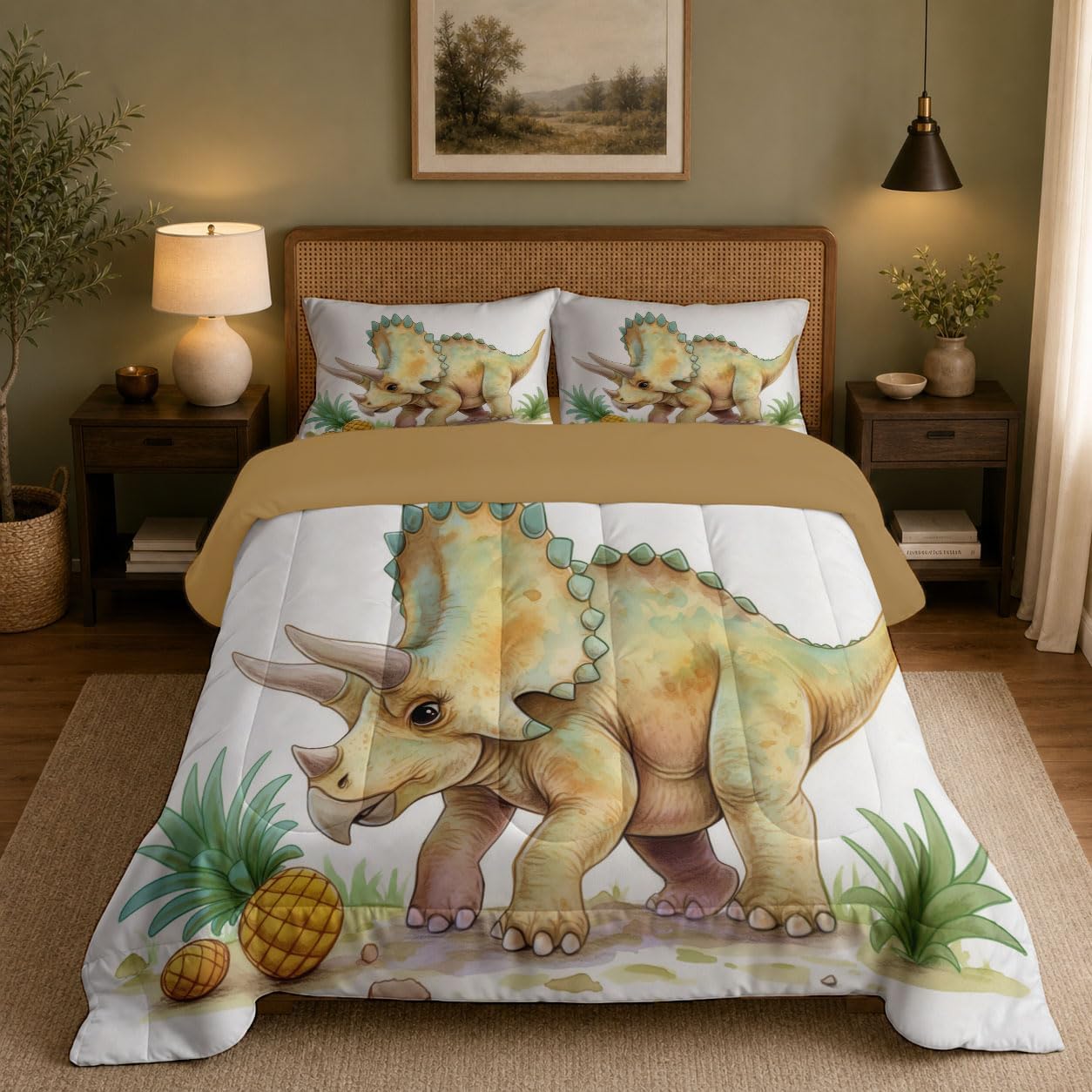Cute Style Comforter Set King Size, Triceratops Bedding Set for Girls Boys, Pale Green Quilt Bed 104"X90" Bedding Comforter Sets with 2 Pillowcase Room Decor
