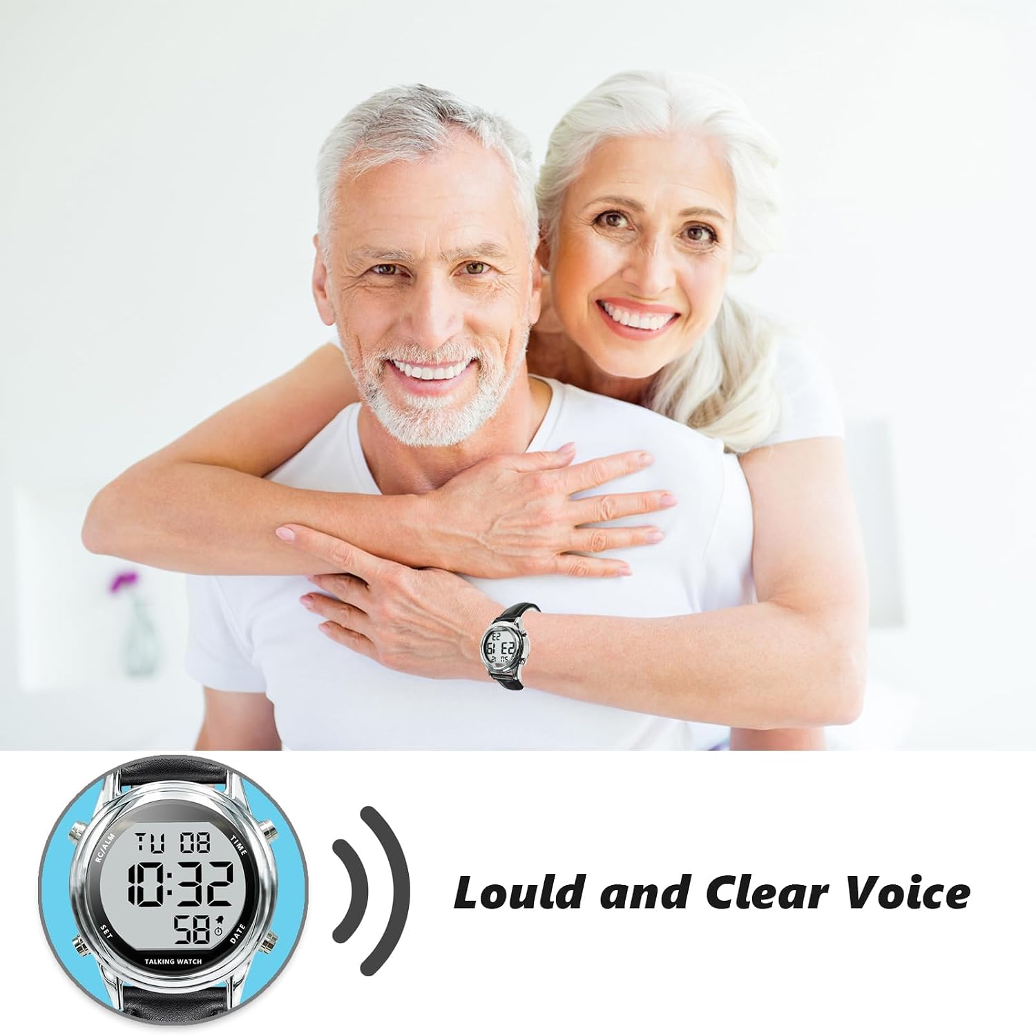 English Talking Men's Watch for Elderly, Low Vision or Visually Impaired, Loud Sound, Large Numbers, Bold Hands, Stainless Steel Expandable Strap