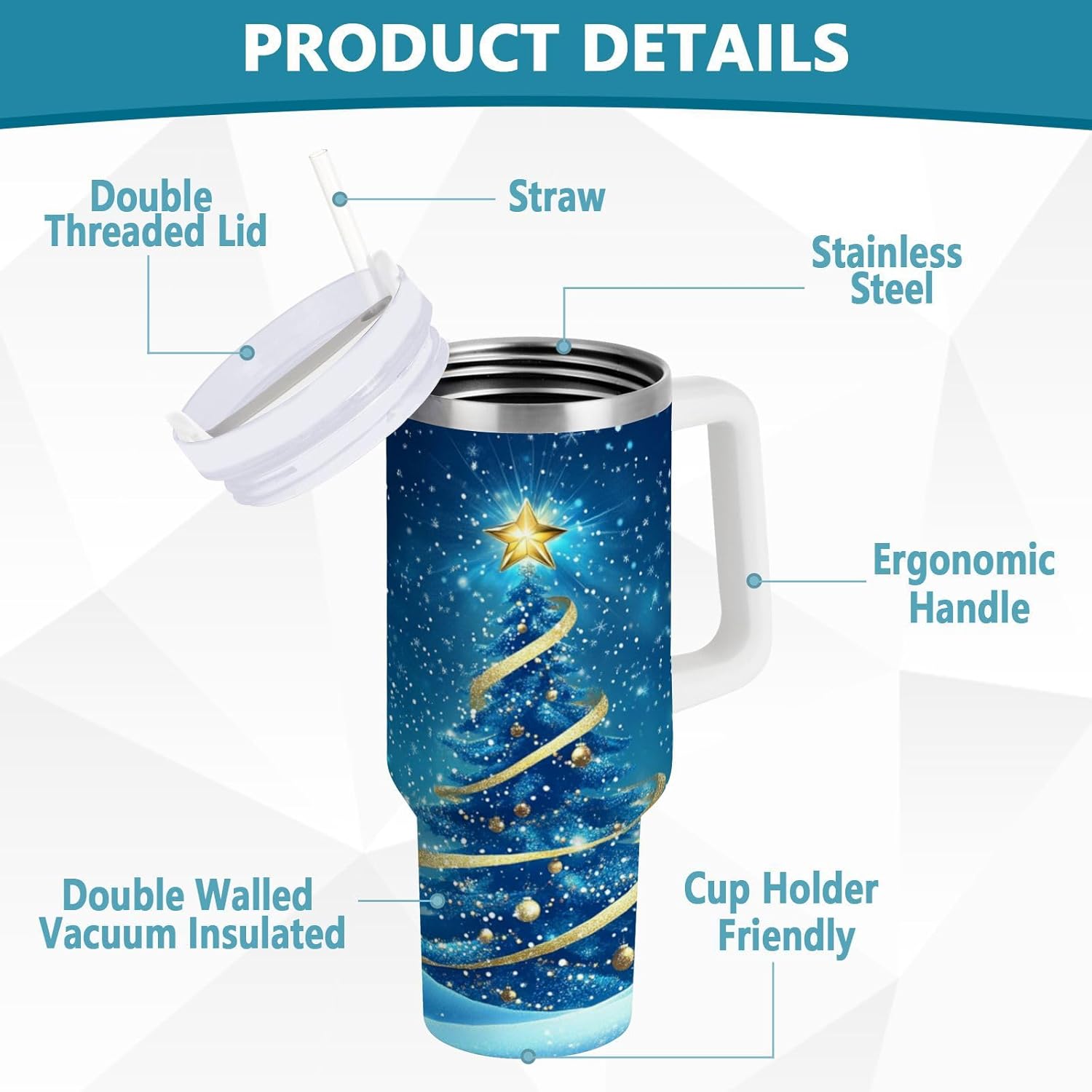 Aslsiy 40oz Tumbler with Handle and Straw Blue Snow Christmas Tree Insulated Stainless Steel Cup Travel Coffee Mug for Women Men