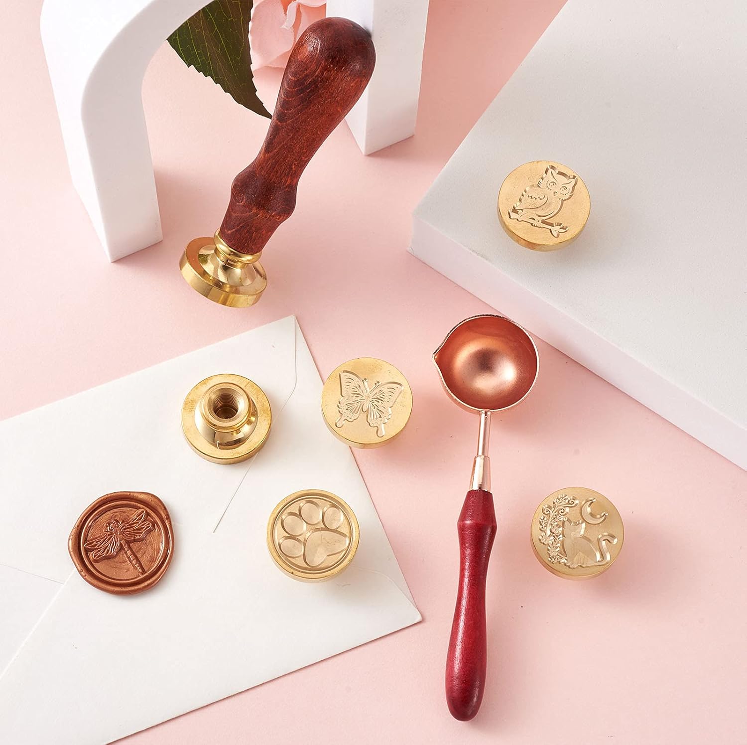 Wax Seal Stamp Set 6pcs Insect Pattern Wax Sealing Stamp Head with Beech Wood Handle and Alloy Wax Sticks Melting Spoon, for Envelope Invitation Wine Packages Greeting Cards