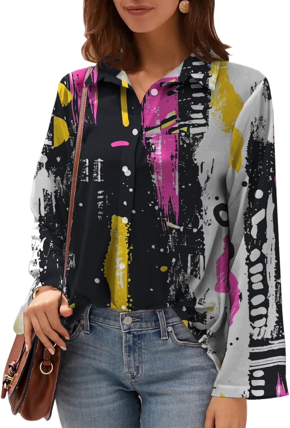 Womens Button Down Blouse Abstract Print V Neck Long Sleeve Colorful Tops Lightweight Casual Work Shirts S-3XL