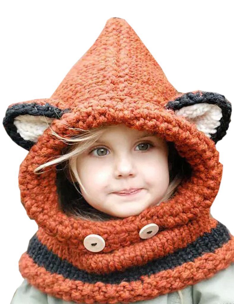 Ewanda store Fashion Baby Kids Super Cute Winter Warm Soft Knitted Coif Hood Scarf Beanie Fox Animal Hat Orange