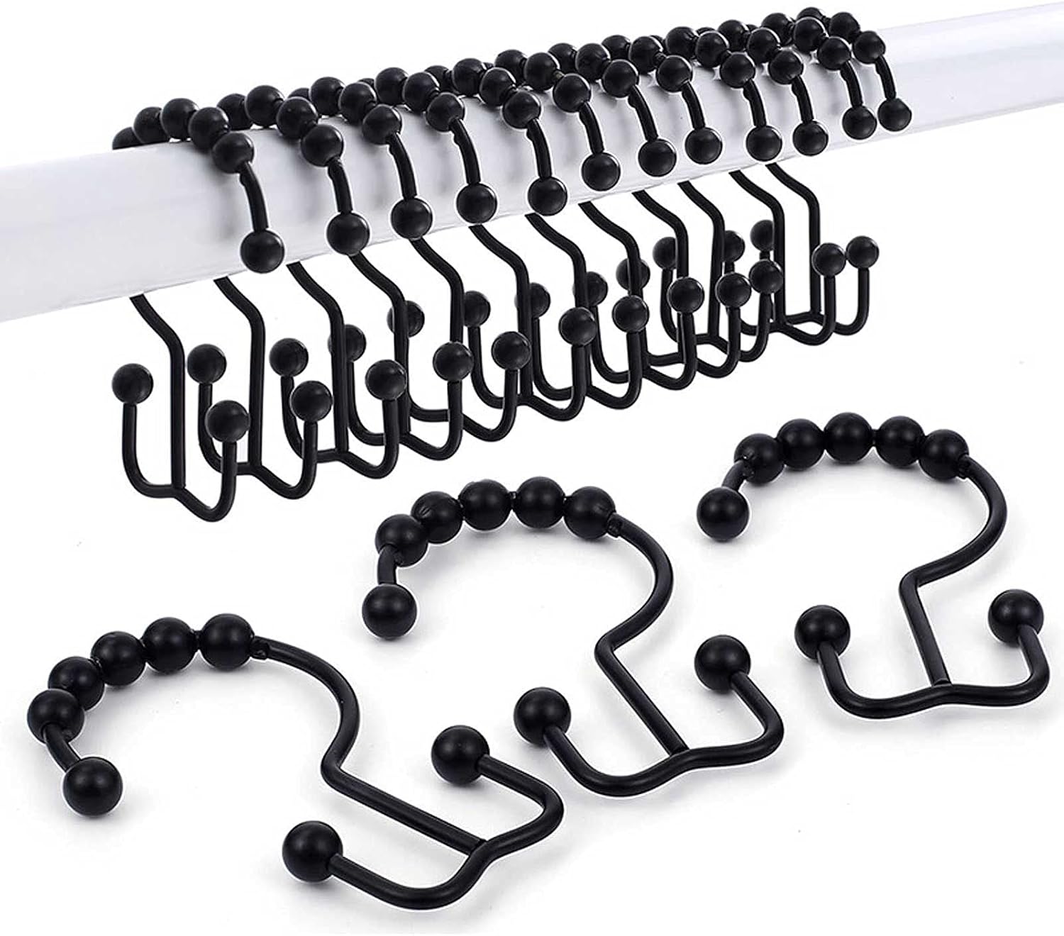 MJIYA Shower Curtain Rings, Stainless Steel Roller Rust-Resistant Balance Sliding Anti-Drop Double Shower Hooks for Curtain Bathroom Shower Curtain (Black)