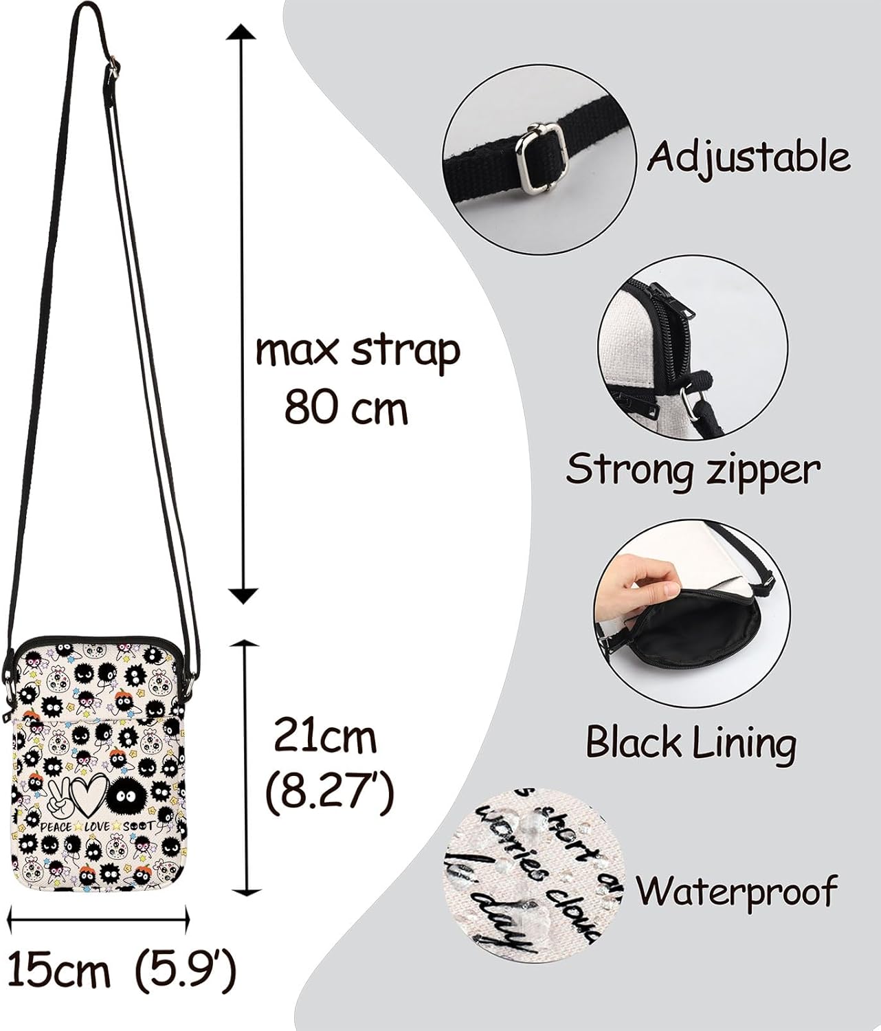 MNIGIU Anime Lover Gift Kawaii Soot Crossbody Bag Sprite Anime Gift Peace Love Soot Adjustable Shoulder Bag - Image 4
