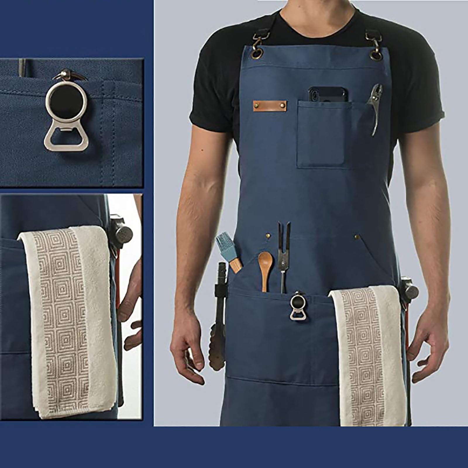 Delantal De Cocina con Pechera Y Espalda Cruzada Ajustable, De Lona De Algodón, con Bolsillos, para Mujeres Y Hombres Blue,One Size