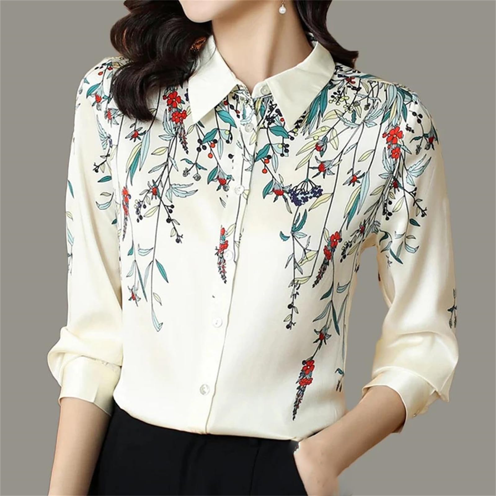 Lmtossey Camicetta vintage a maniche lunghe in raso di raso da donna con stampa floreale